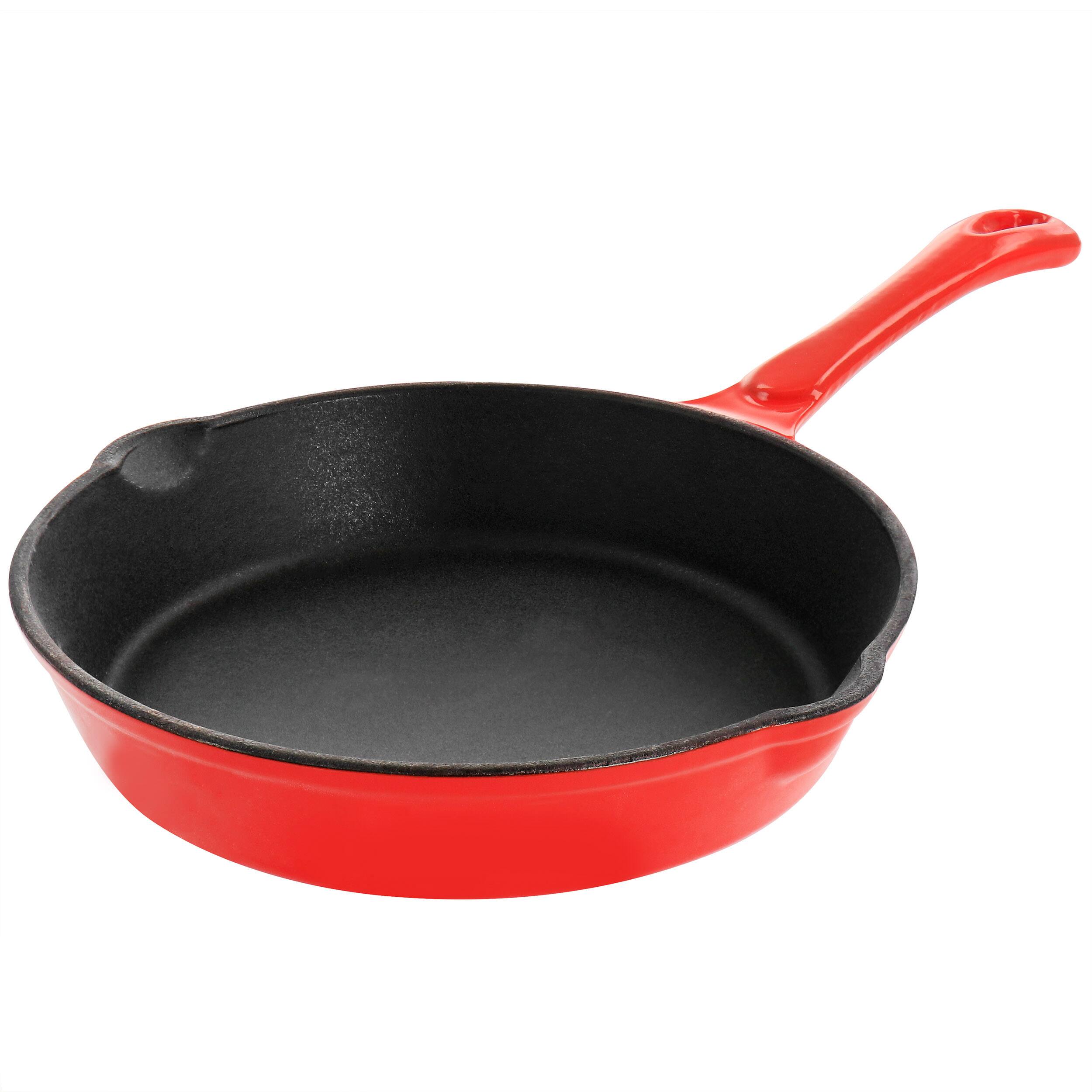 Front. MegaChef - MegaChef Enameled Round 8 Inch PreSeasoned Cast Iron Frying Pan in Red - Red.