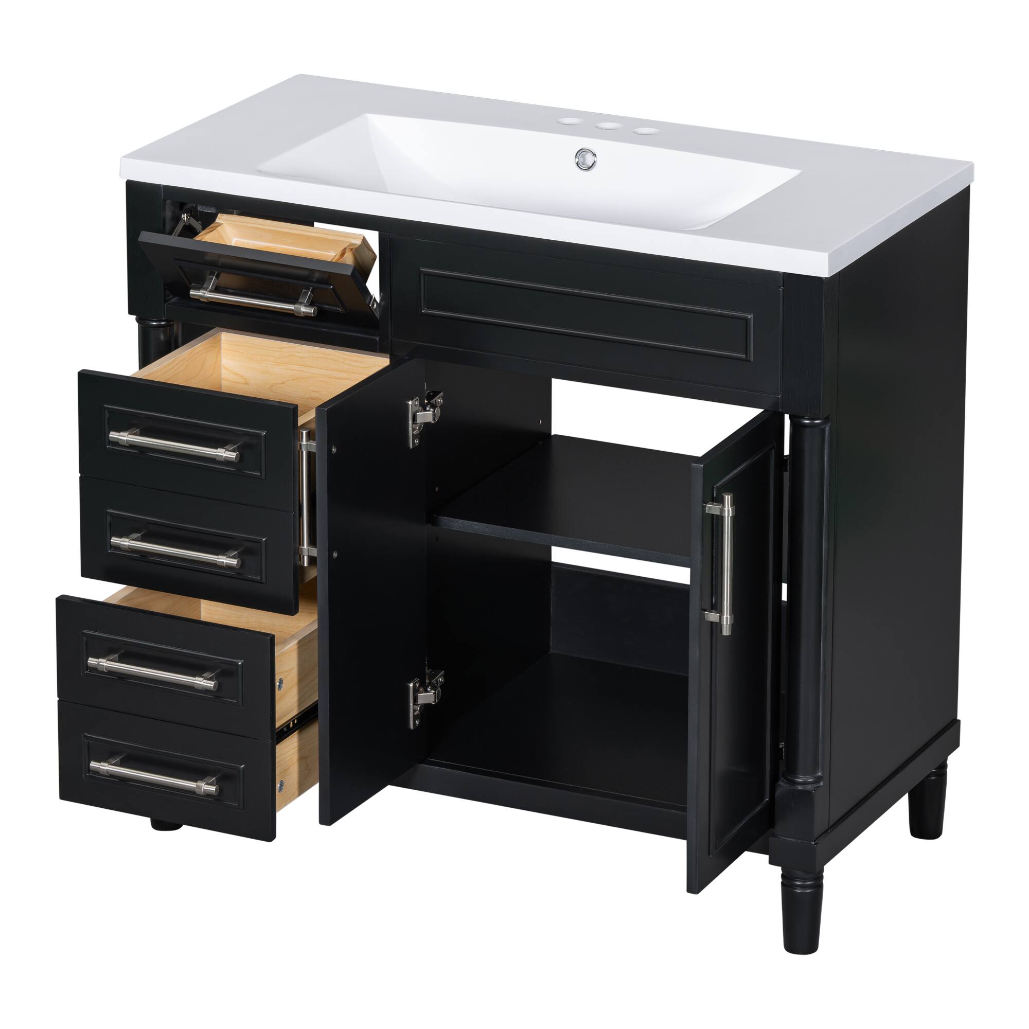 Alt View 10. Tiramisubest - 36" Bathroom Vanity with Top Resin Sink, Bathroom Storage Cabinet with 2 Drawers and a Tip-out Drawer,  Adjustable Shelf - Black.
