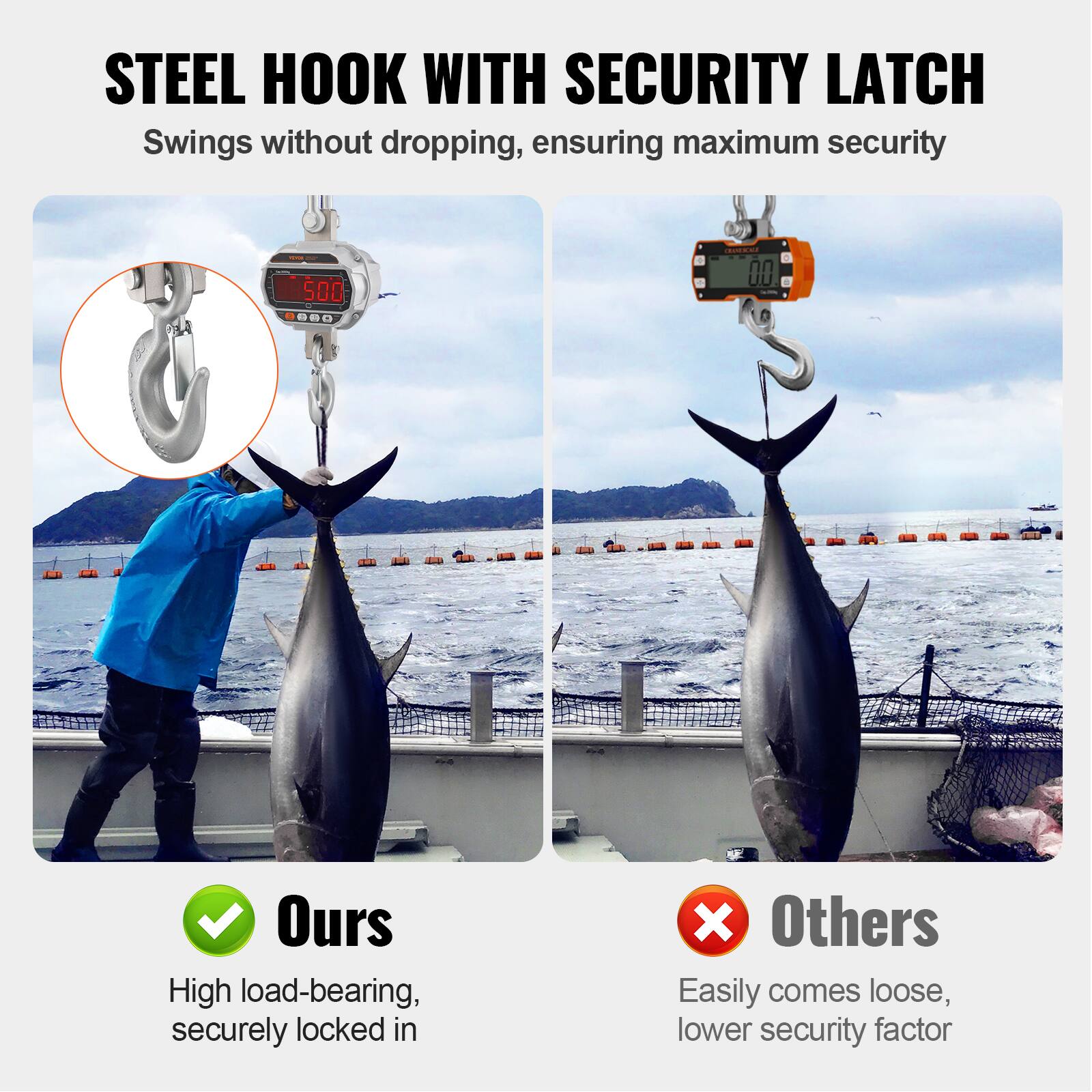 STEEL HOOK WITH SECURITY LATCH  
Swings without dropping, ensuring maximum security  

Ours  
High load-bearing, securely locked in  

Others  
Easily comes loose, lower security factor