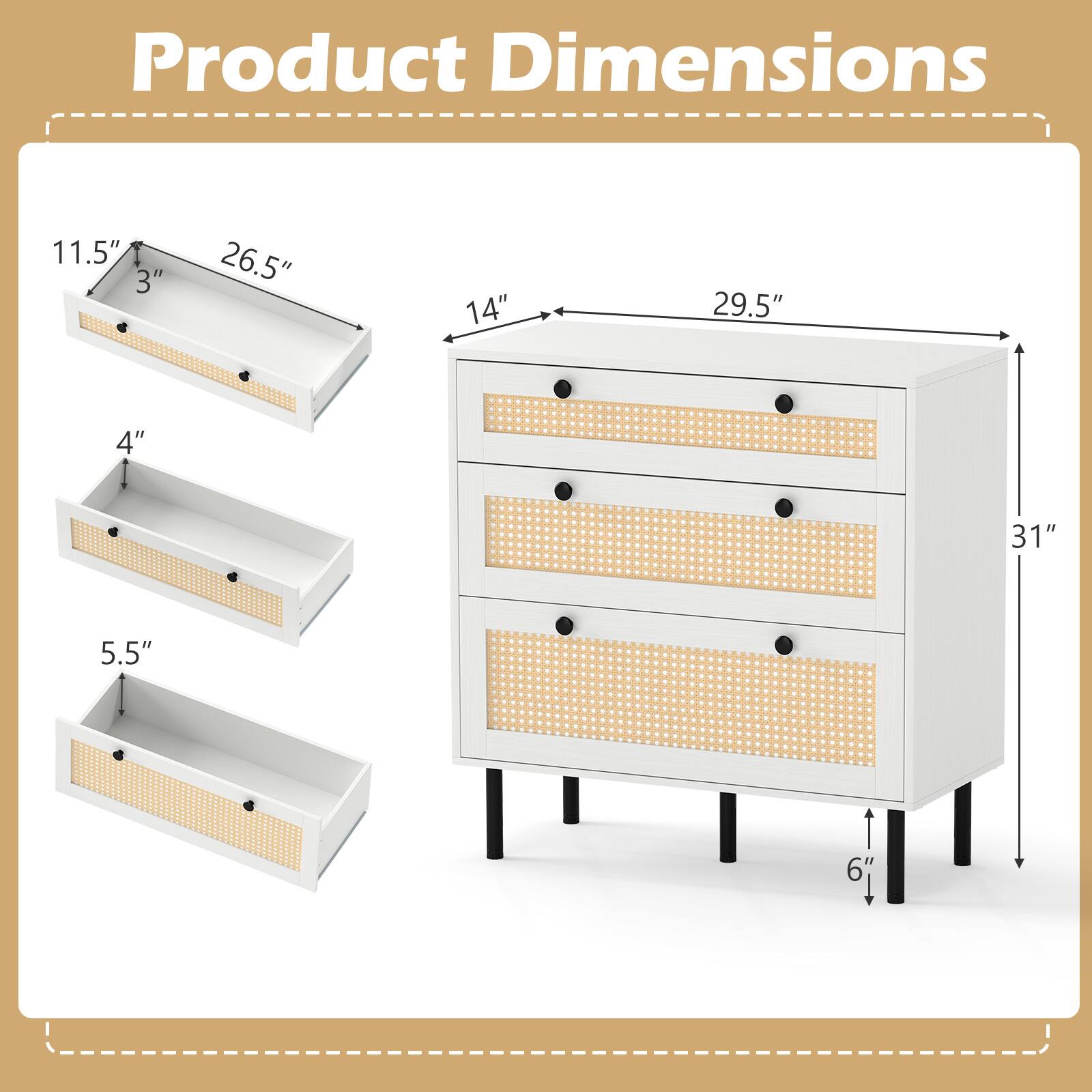 Product Dimensions

- 11.5" x 3" x 26.5"
- 14" x 4" x 29.5"
- 5.5" x 6" x 31"
