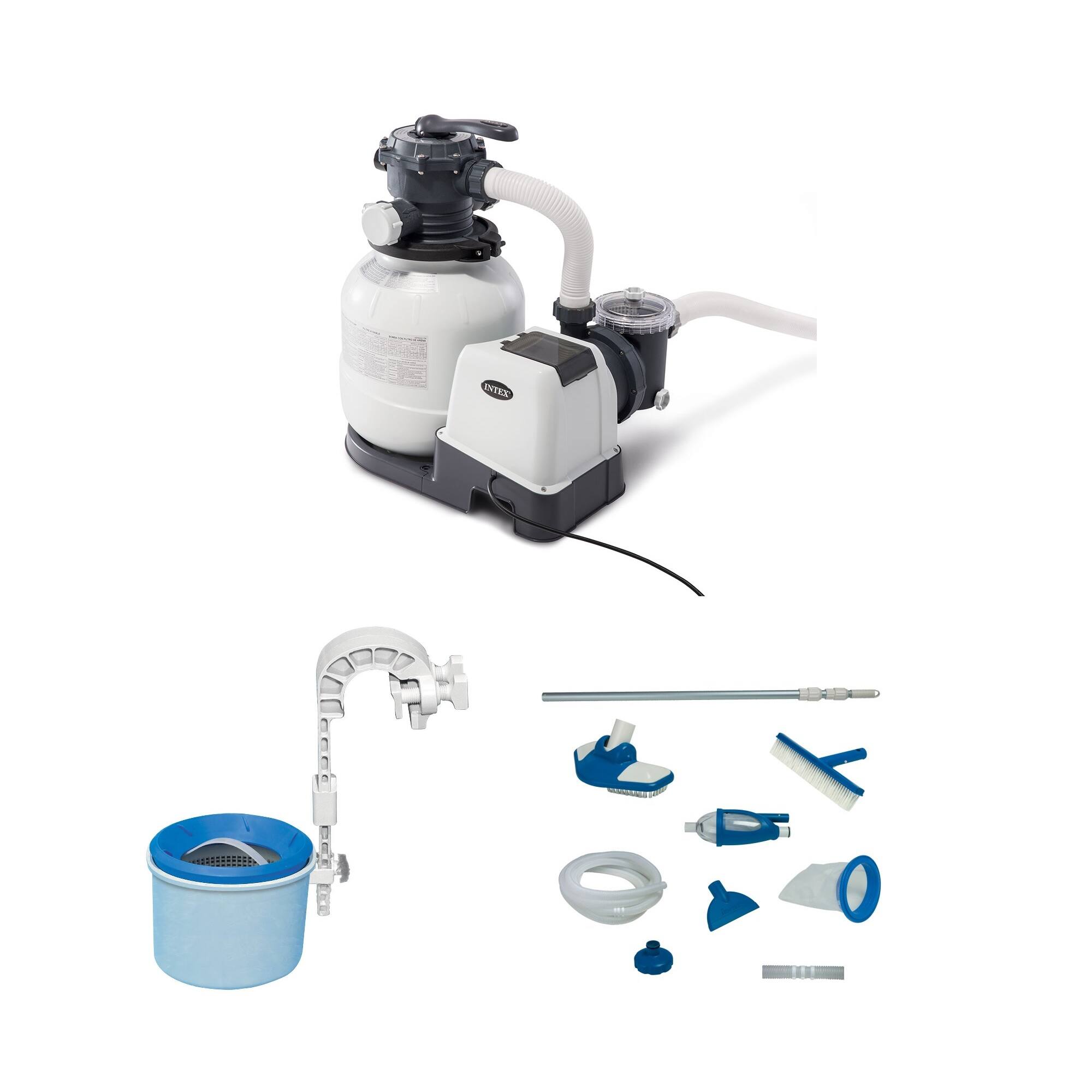Front. Intex - Intex 2100 GPH Sand Filter Pump, Deluxe Pool Maintenance Kit, & Pool Skimmer.