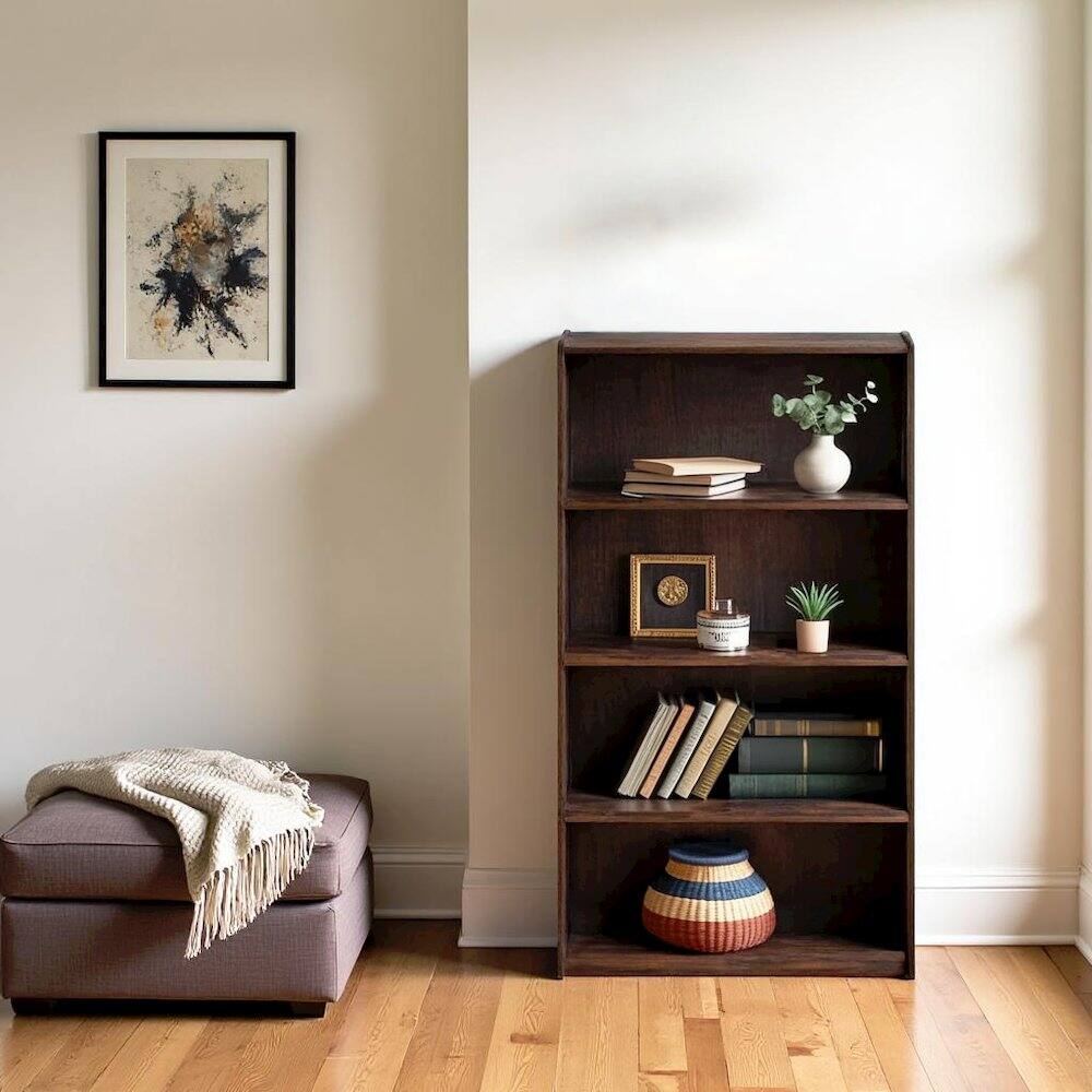 Back. FurniFact - Brown Wooden Book Shelf with Four Tiers of Wooden Shelves for Stylish Display - Amber Pine.