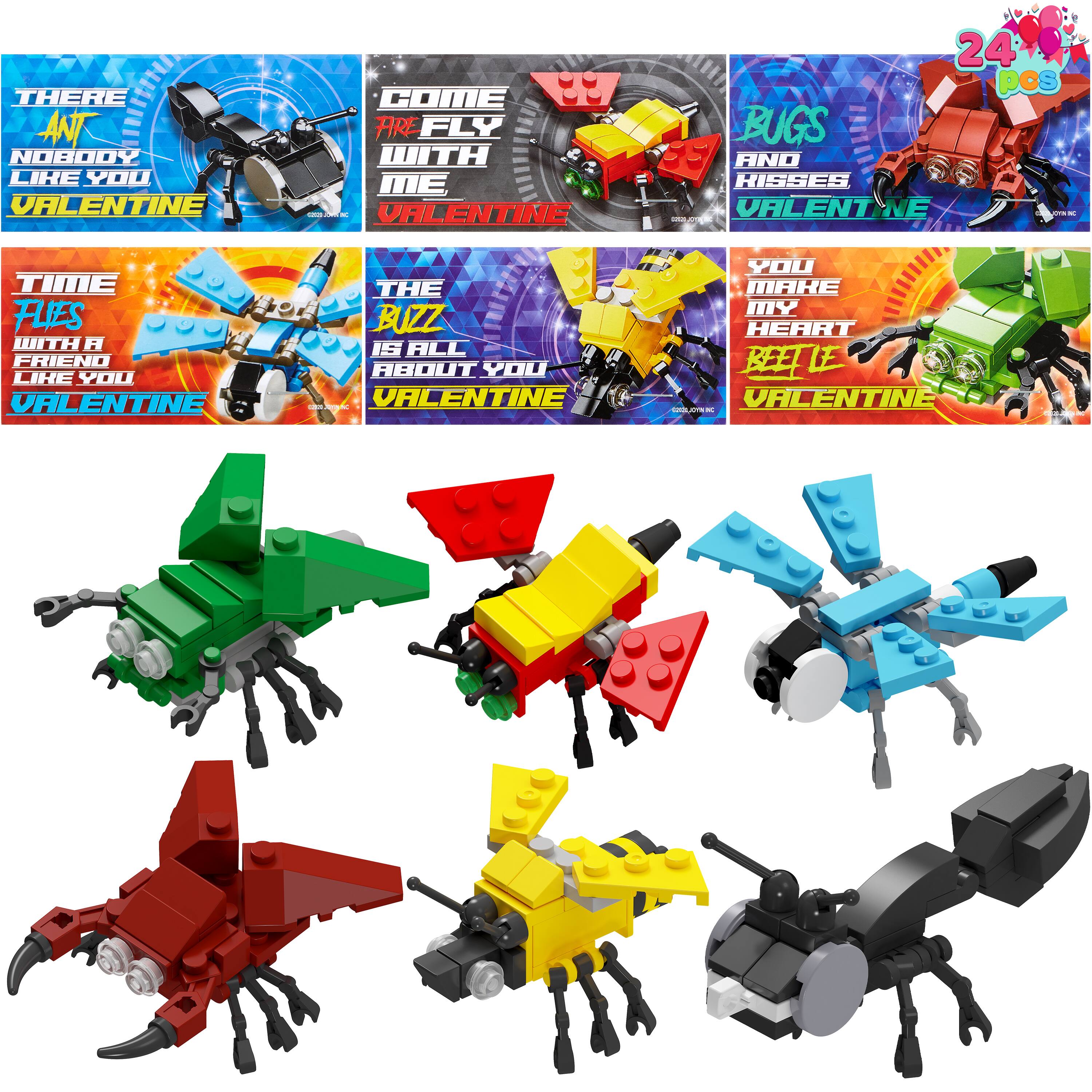 24 Packs Valentines Day Cards with Insect Building Blocks for Kids Classroom Exchange Prizes Party Favors Holiday Gift