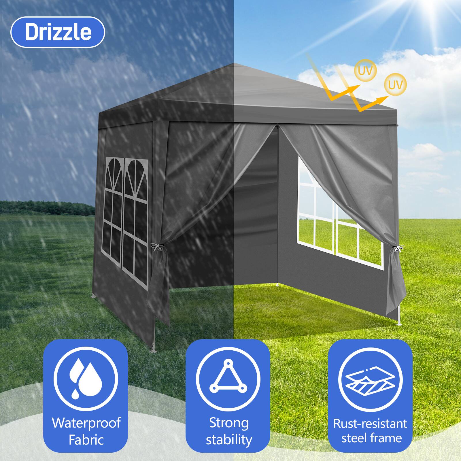 - Drizzle
- UV
- UV
- Waterproof Fabric
- Strong stability
- Rust-resistant steel frame