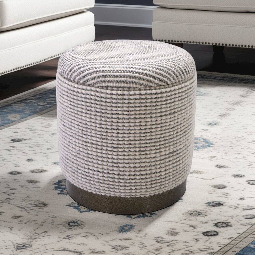 Left. Carolina Chair & Table - Handwoven Kratus Hammered Metal Storage Ottoman - Ivory & Grey.