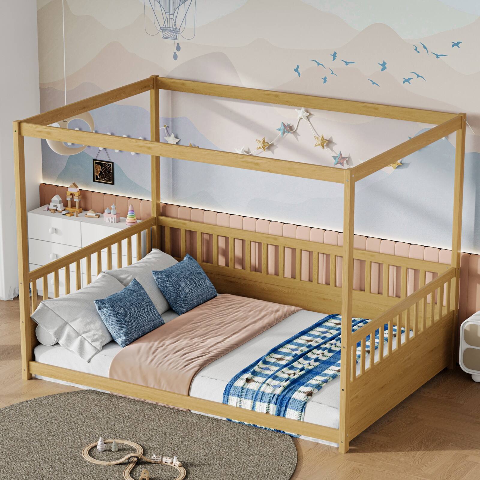 Alt View 3. Ecooso - Full Size Canopy Bed Frame with Guardrails for Kids,Floor Bed Full with Four Poster Design,Wood Canopy Bed Frame - Natural Wood.