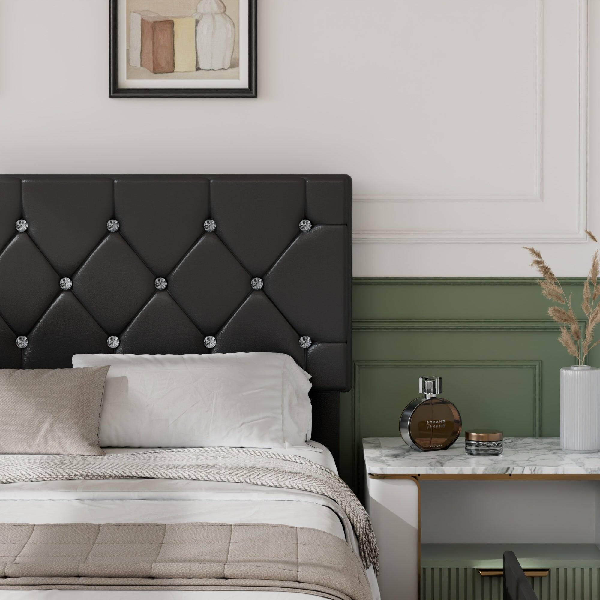 Back. Vecelo - Queen Bed Frame with Storage Drawers, Upholstered Faux Leather Platform Bed with Adjustable Headboard and Wood Slats - Black.