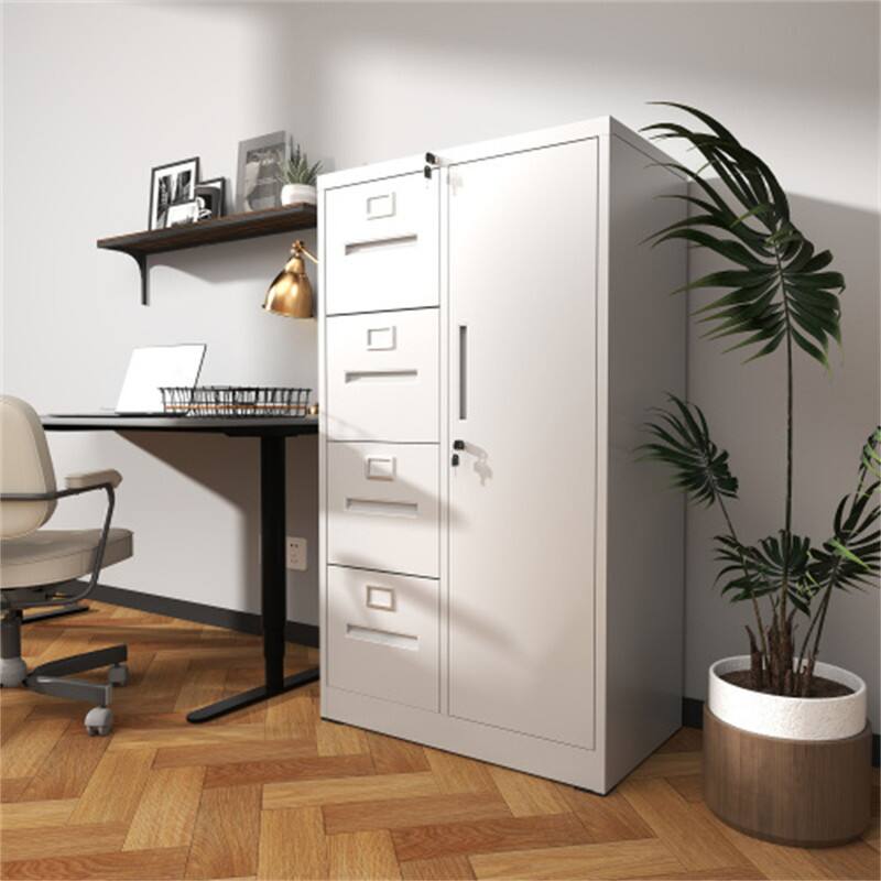 Angle. HTUTWOO - Metal Storage Vertical Filing Cabinet with Lock – File Locker with 4 Drawers and 1 Door for School, Living Room, Office - White.