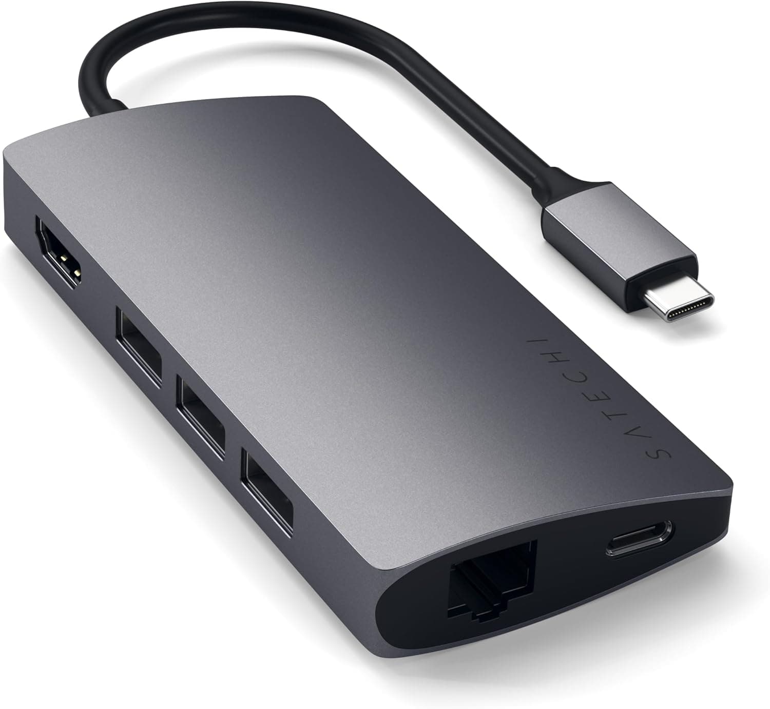 Front. Satechi - Type-C Multi-Port Adapter V2-4K HDMI, Ethernet, USB-C, SD/Micro, USB 3.0 - MacBook Pro, MacBook Air, Windows Laptops - Space Gray.
