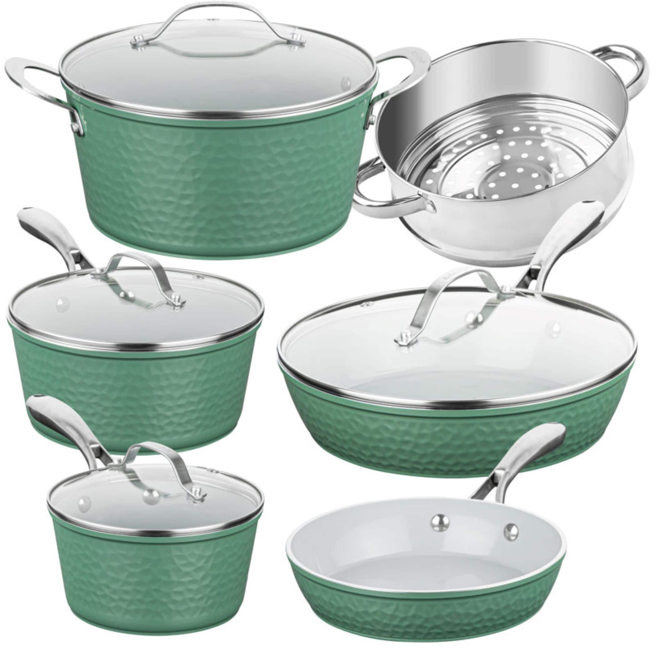 Gotham Steel - 10 Piece Hammered Sage Nonstick Ceramic Cookware Set - Green
