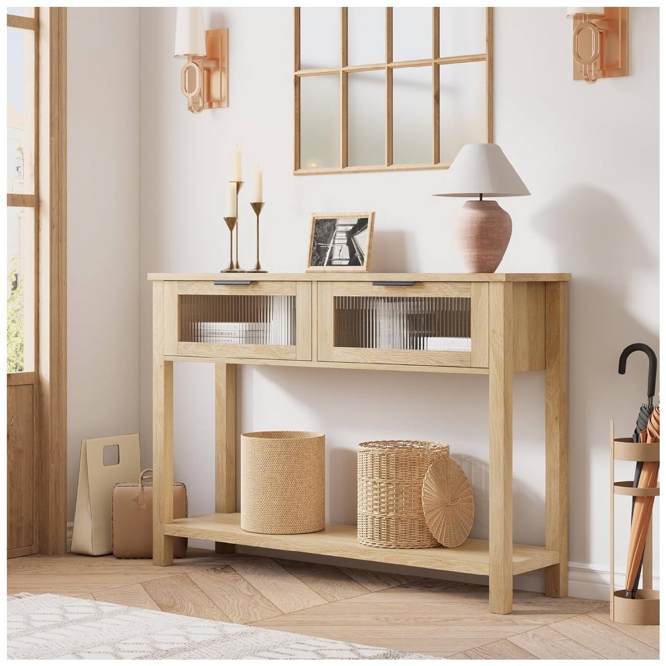 Front. Qeetex - Console Table with 2 Glass Drawers, Spacious Storage, Versatile Design - Burlywood.