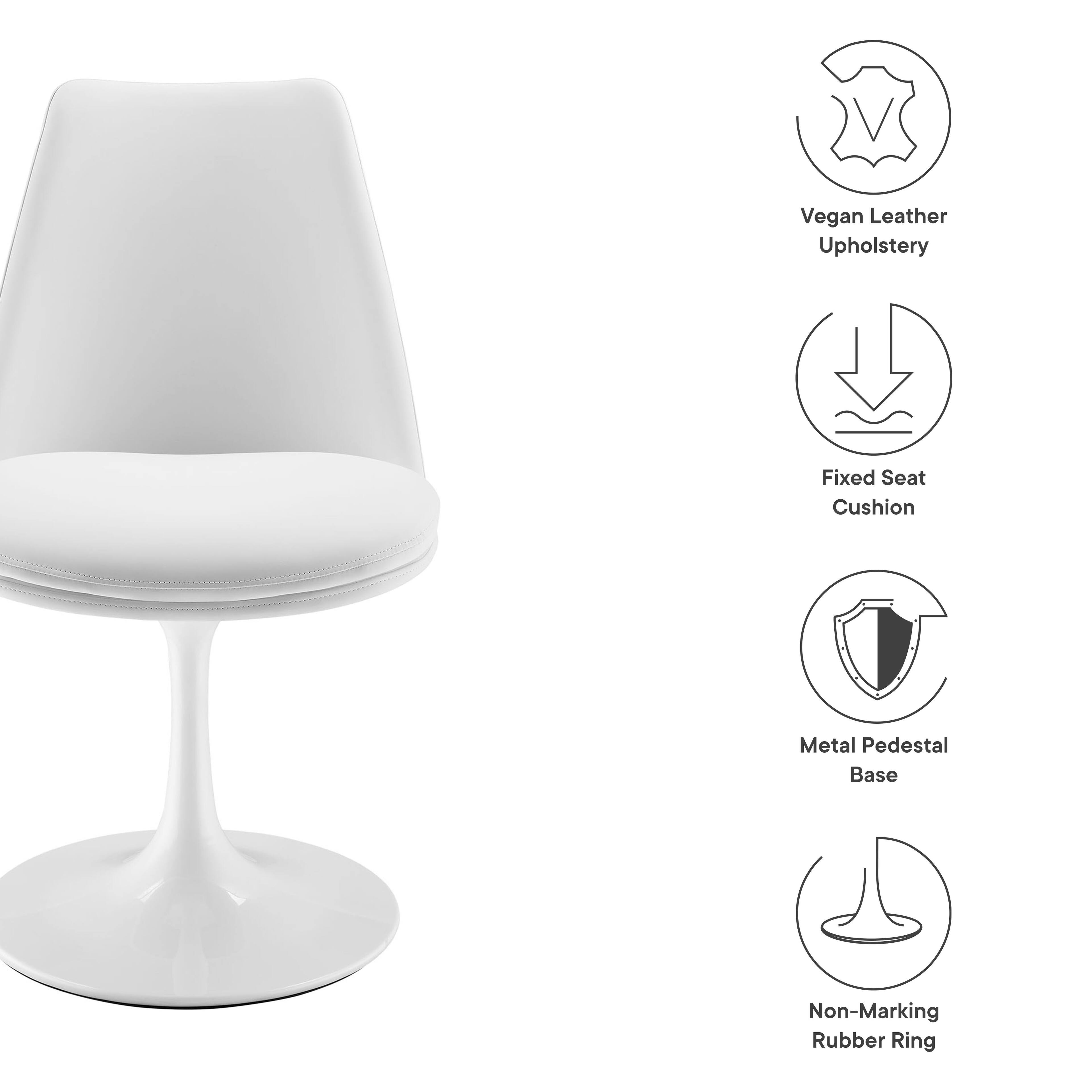 - Vegan Leather Upholstery
- Fixed Seat Cushion
- Metal Pedestal Base
- Non-Marking Rubber Ring