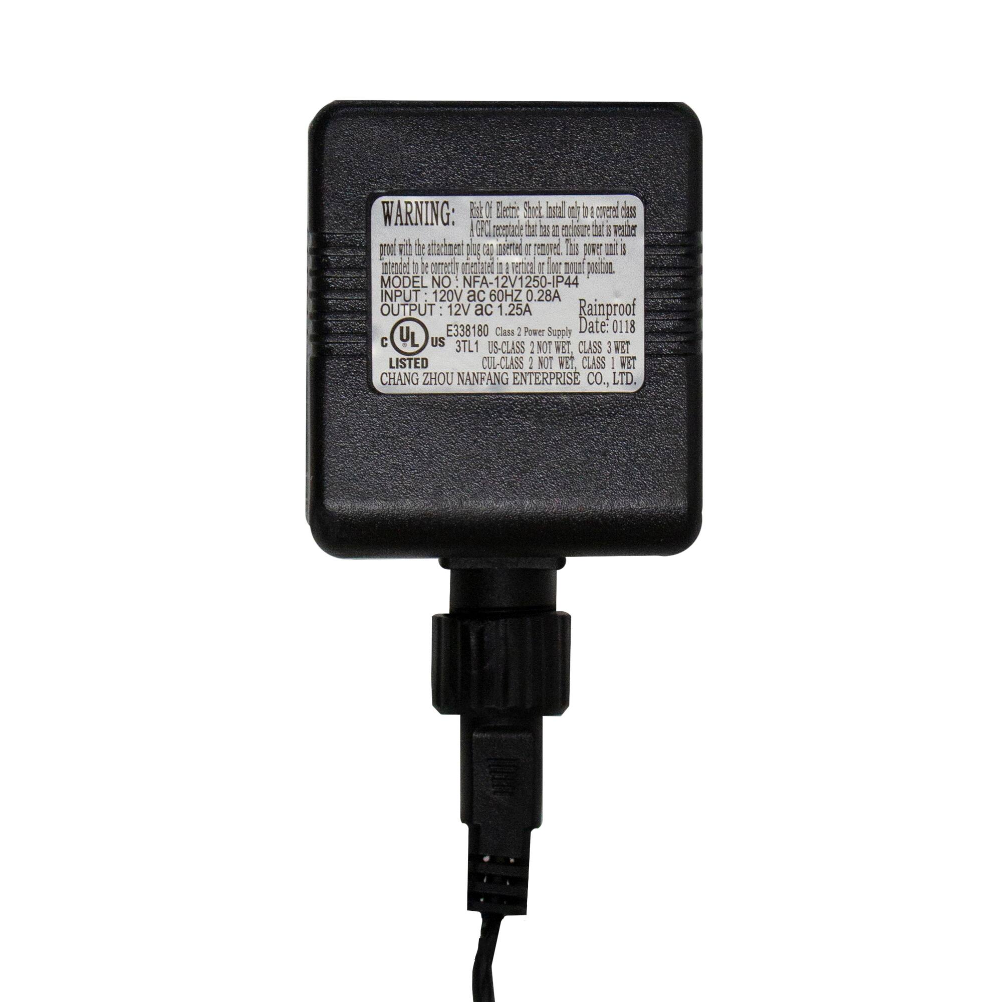 **WARNING:**
Risk of electric shock. Install only to covered class II receptacle that has an enclosure that is weather resistant. Do not install in the attachment plug or receptacle. This power unit is intended to be installed in a vertical position. Do not invert or remove. This power unit is not intended for use in a wet or damp location.

**MODEL NO:** NFA-12V1250-IP44

**INPUT:** 120V AC 60Hz 0.28A

**OUTPUT:** 12V AC 1.25A

**Rainproof**

**Date:** 0118

**E338180**

**C UL US 3TL1 US-CLASS 2 NOT WET, CLASS 3 WET**

**CUL-CLASS 2 NOT WET, CLASS 3 WET**

**CHANG ZHOU NANFANG ENTERPRISE CO., LTD.**