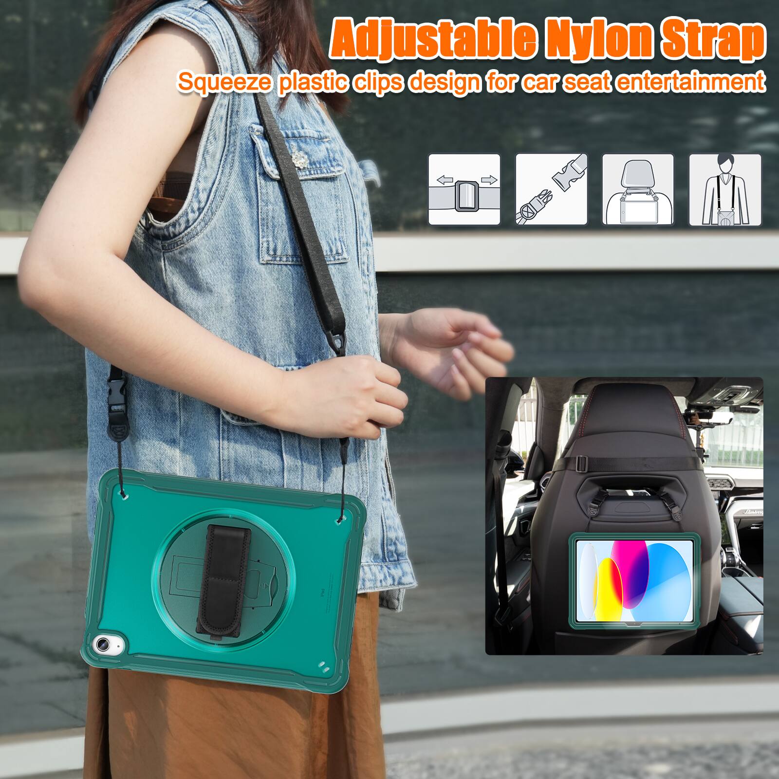 Adjustable Nylon Strap  
Squeeze plastic clips design for car seat entertainment