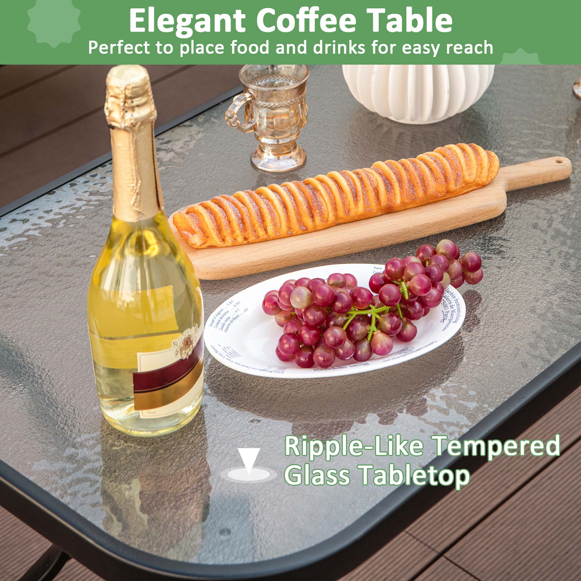 Elegant Coffee Table  
Perfect to place food and drinks for easy reach  

Ripple-Like Tempered Glass Tabletop