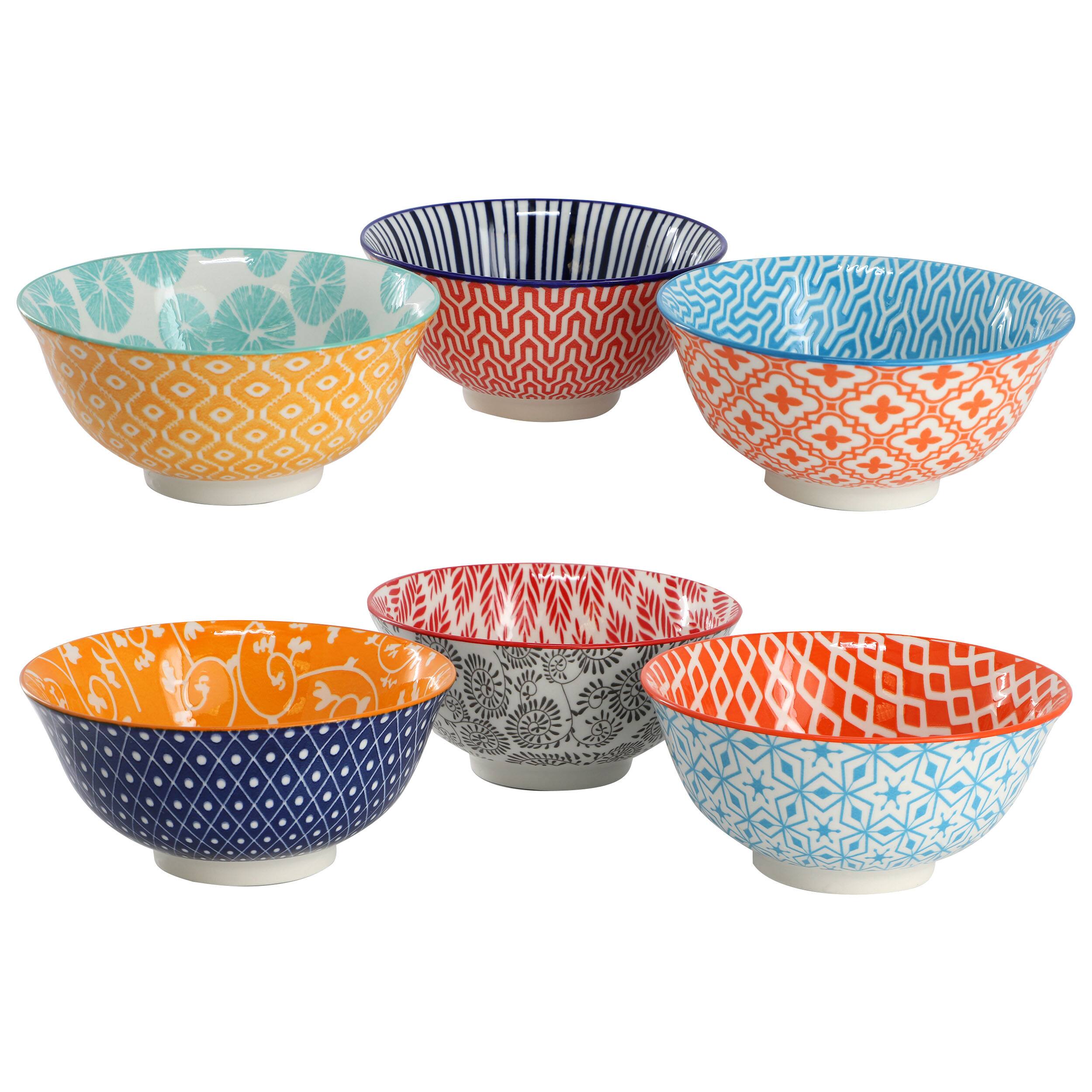 Left. Elama - Elama Roxey 6 Piece Assorted Design 20oz Porcelain Footed Bowl Set in Multicolor - Multi.