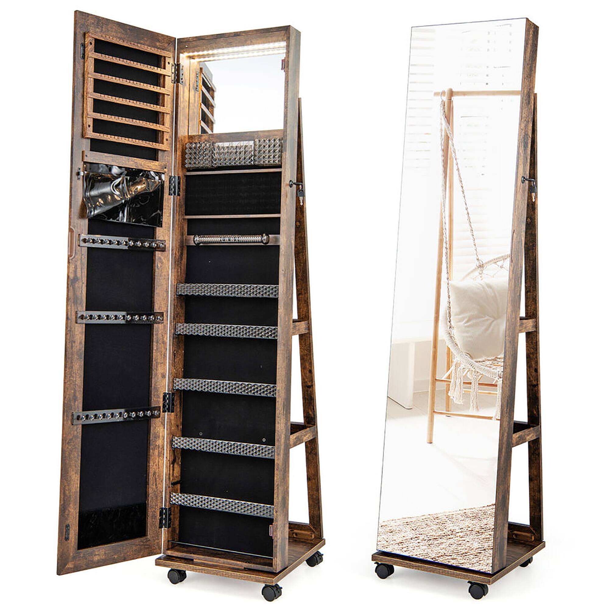 Alt View 9. Gymax - Gymax 64'' Jewelry Organizer Lockable Jewelry Cabinet Armoire w/ Mirror & LED Lights Coffee - Coffee.