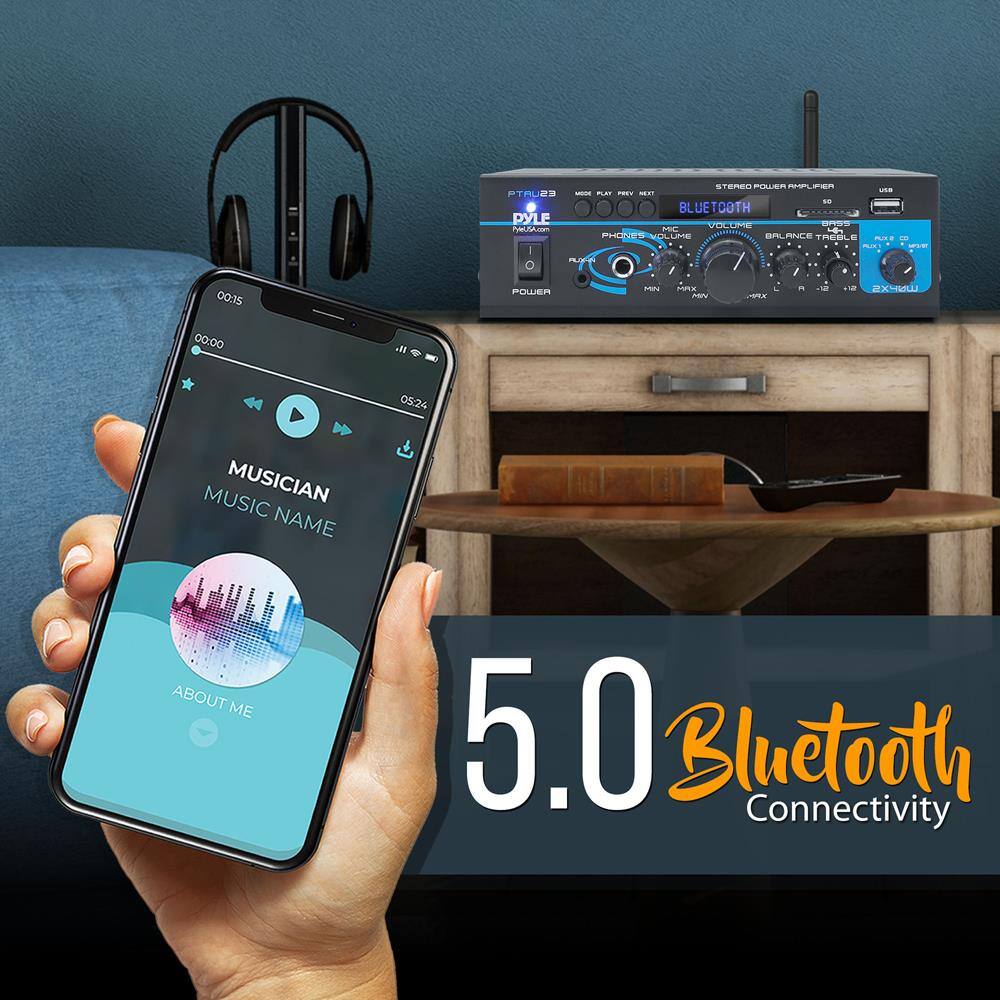00:15  
00:00  
05:24  

MUSICIAN  
MUSIC NAME  
ABOUT ME  

5.0 Bluetooth Connectivity  

STEREO POWER AMPLIFIER  
BLUETOOTH  
VOLUME  
BALANCE  
TREBLE  
BASS  
POWER  

MUSICIAN NAME  
ABOUT ME  
5.0 Bluetooth Connectivity