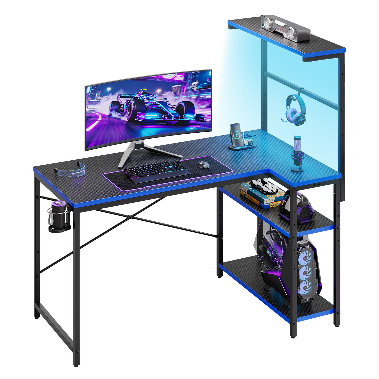 Alt View 2. RSPGAME - 41.5inch Reversible L-Shaped Gaming Desk with Power Outlet and and Hutch Storage, Gaming Small Corner Desk - Black&Blue.