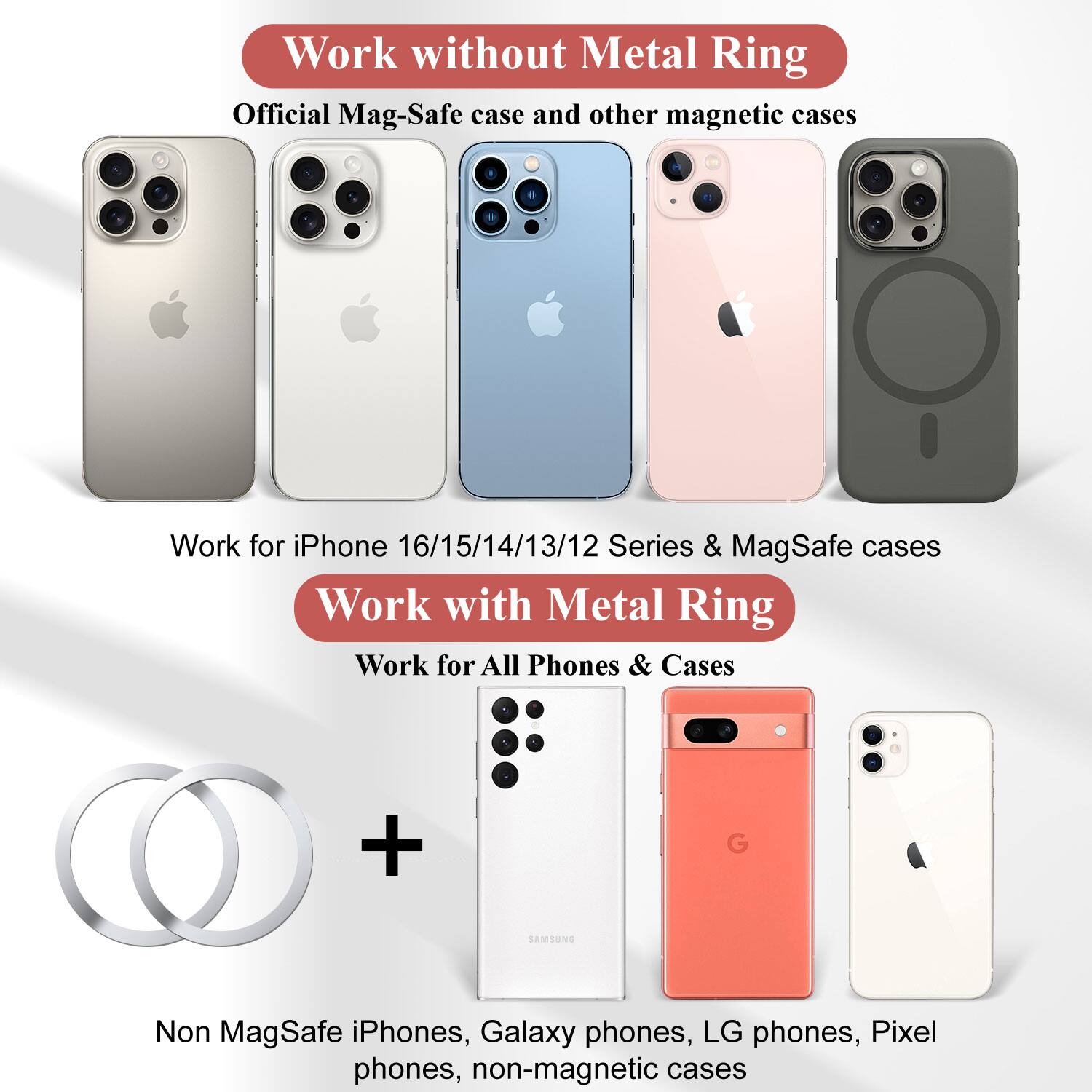 Work without Metal Ring  
Official Mag-Safe case and other magnetic cases  
Work for iPhone 16/15/14/13/12 Series & MagSafe cases  

Work with Metal Ring  
Work for All Phones & Cases  
Non MagSafe iPhones, Galaxy phones, LG phones, Pixel phones, non-magnetic cases