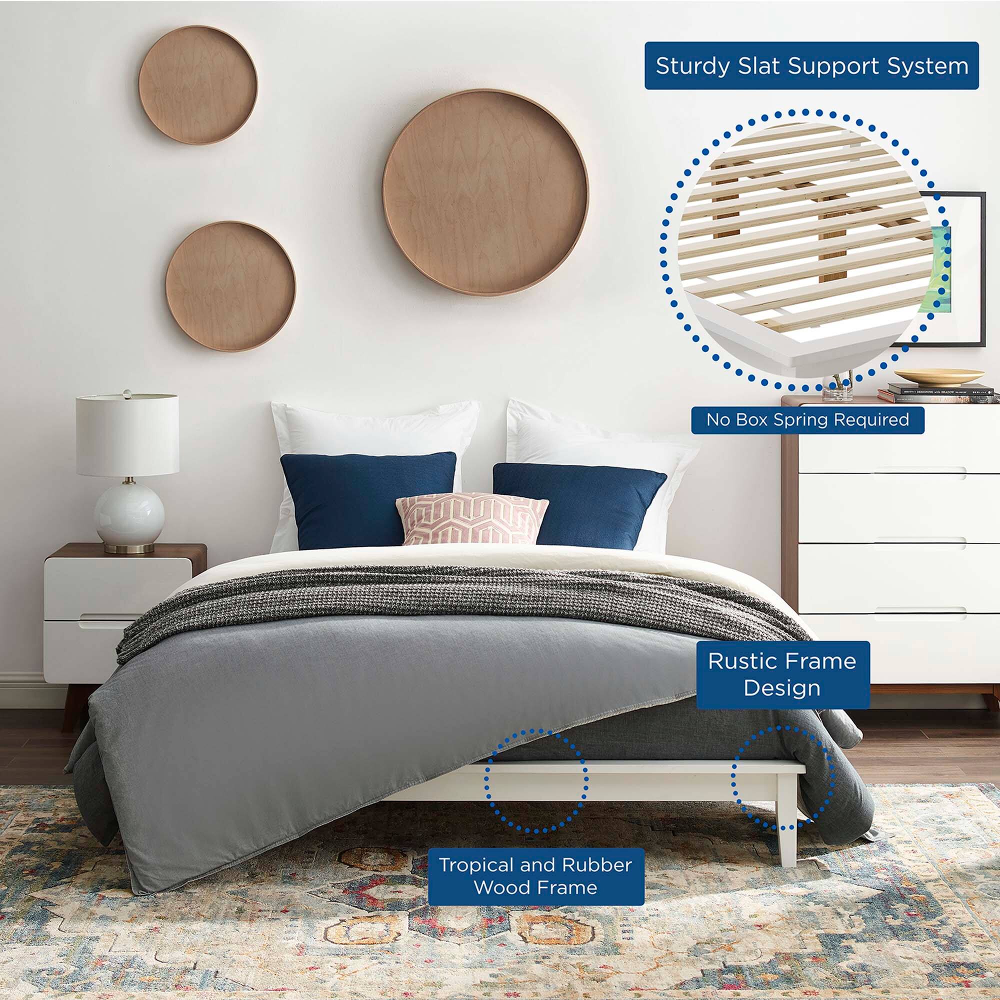 - Sturdy Slat Support System
- No Box Spring Required
- Rustic Frame Design
- Tropical and Rubber Wood Frame