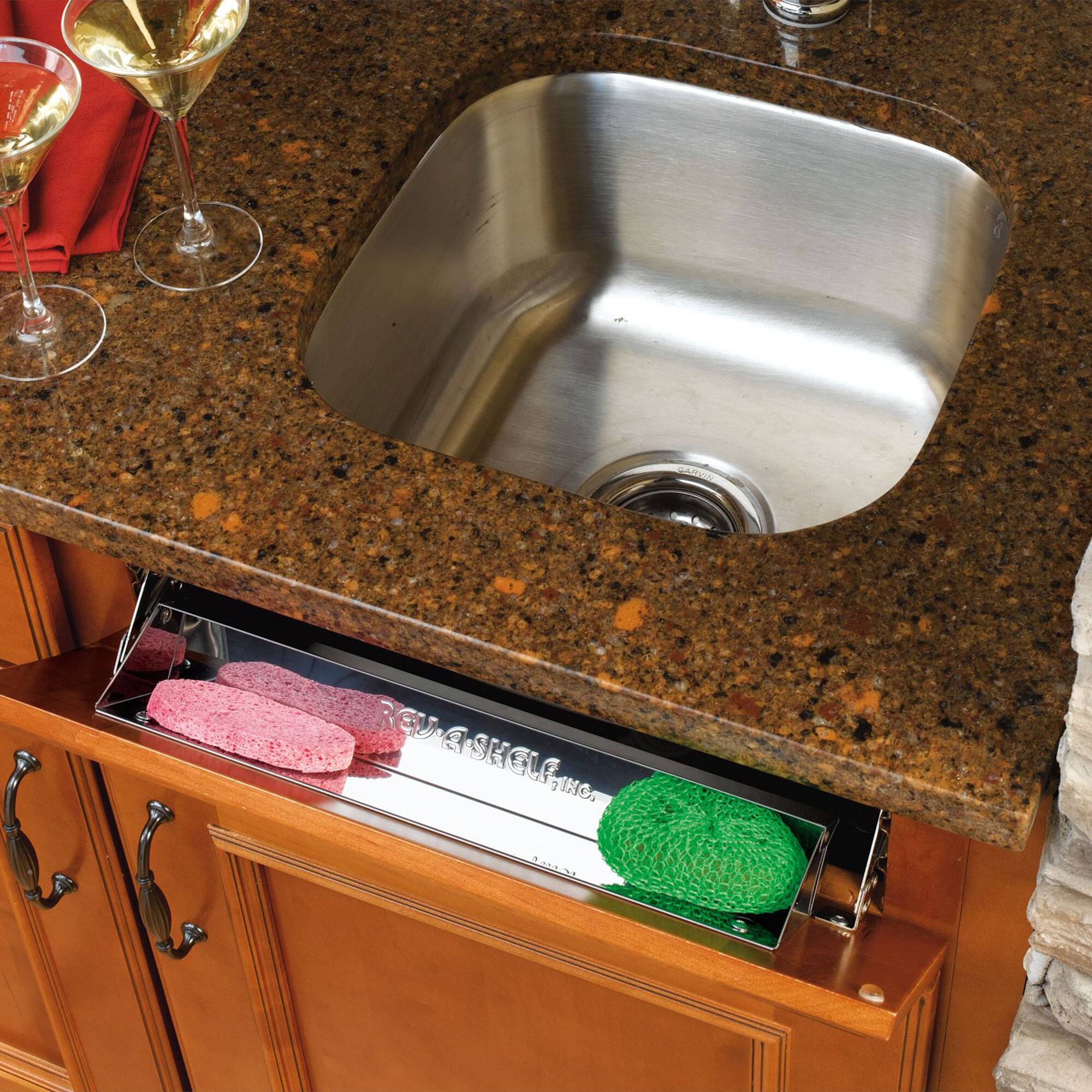 Alt View 1. Rev-A-Shelf - Rev-A-Shelf 10" Tip Out Tray w/ Soft-close for Sink Base Cabinet, 6581-10SS-SC-1 - Silver.