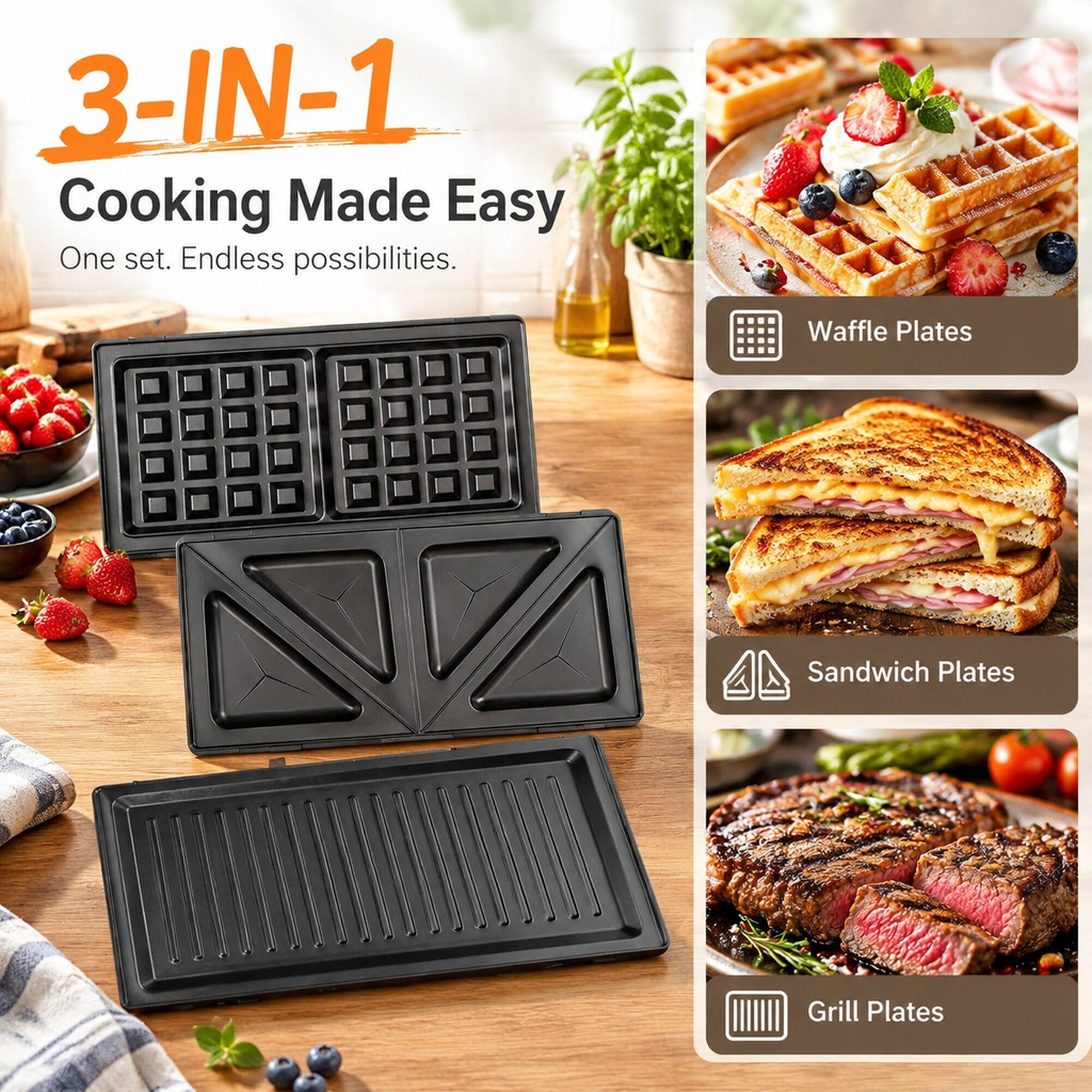 3-IN-1 Cooking Made Easy  
One set. Endless possibilities.  

Waffle Plates  
Sandwich Plates  
Grill Plates