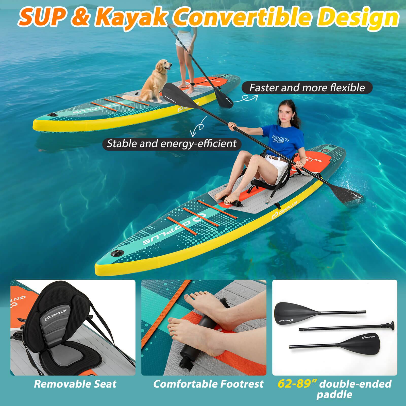 SUP & Kayak Convertible Design: Faster and more flexible - Stable and energy-efficient - Removable Seat - Comfortable Footrest - 62-89" double-ended paddle