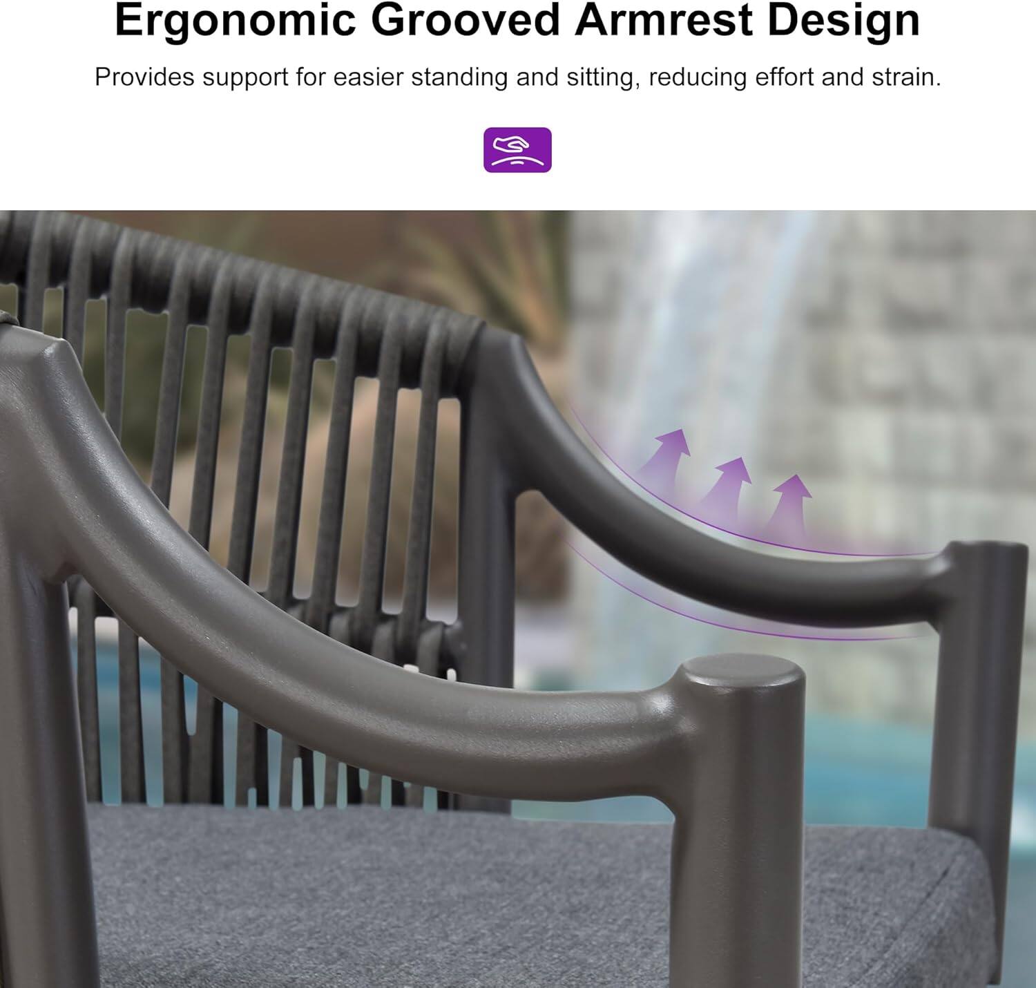 Ergonomic Grooved Armrest Design  
Provides support for easier standing and sitting, reducing effort and strain.