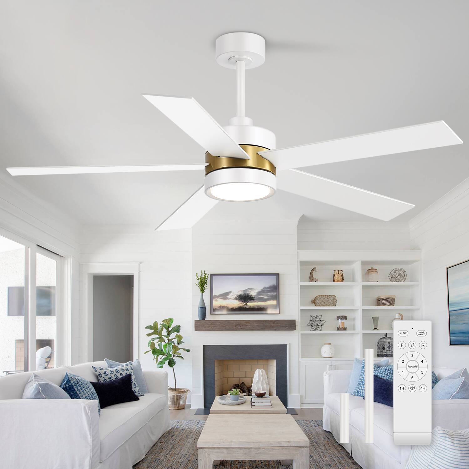 Left. Breezary - 52-In Indoor Ceiling Fan with Led Light, 5 Plywood Blades, 6-Speed DC Motor, Remote, Timer with Memory, 5/10'' Downrods - White and Gold.