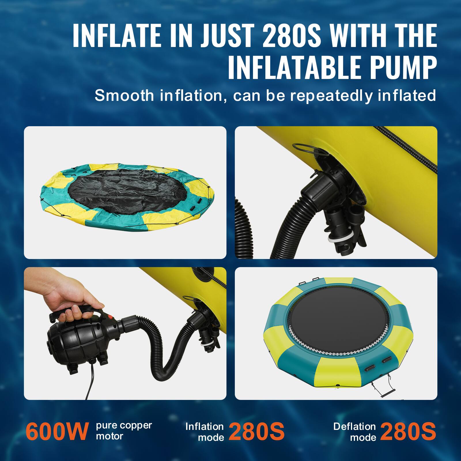 INFLATE IN JUST 280S WITH THE INFLATABLE PUMP. Smooth inflation, can be repeatedly inflated. Pure copper 600W motor. Inflation mode: 280S. Deflation mode: 280S.