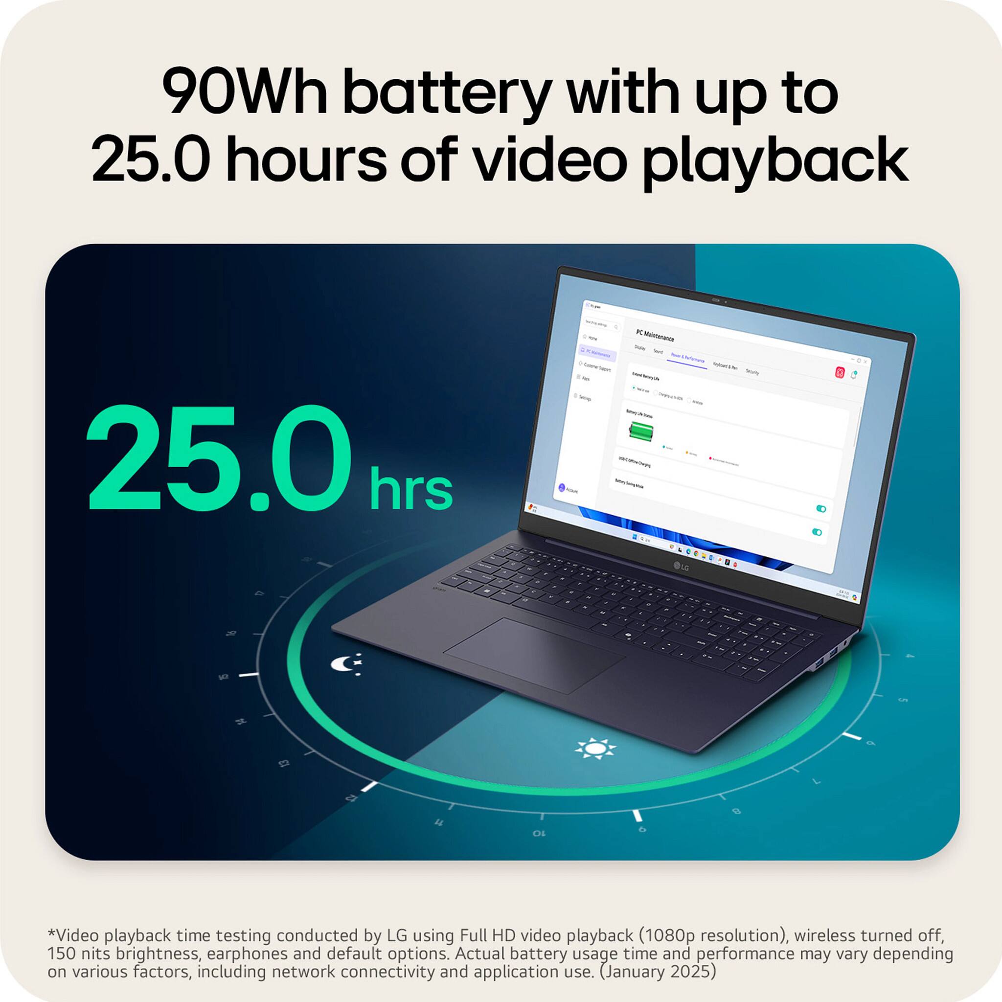 90Wh battery with up to 25.0 hours of video playback

25.0 hrs

*Video playback time testing conducted by LG using Full HD video playback (1080p resolution), wireless turned off, 150 nits brightness, earphones and default options. Actual battery usage time and performance may vary depending on various factors, including network connectivity and application use. (January 2025)