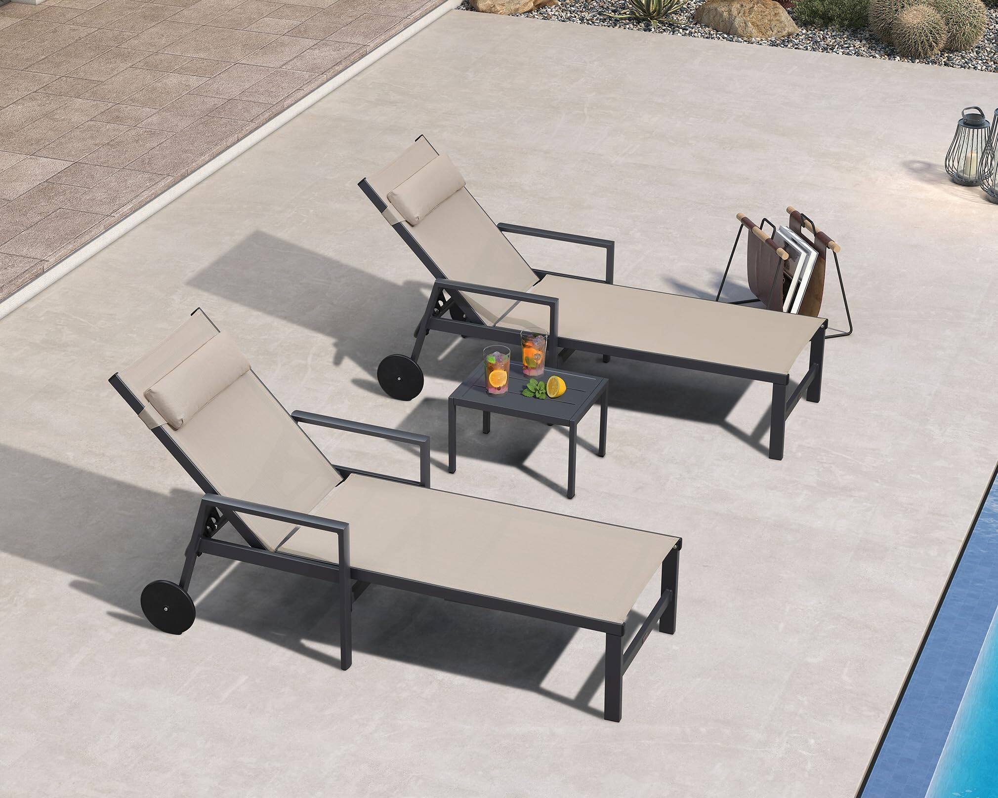 Alt View 1. PURPLE LEAF - 3-Pieces Aluminum Frame with Armrest Side Table and Wheels for Outside Sunbathing Recliner Including Pillows, Beige - Beige.