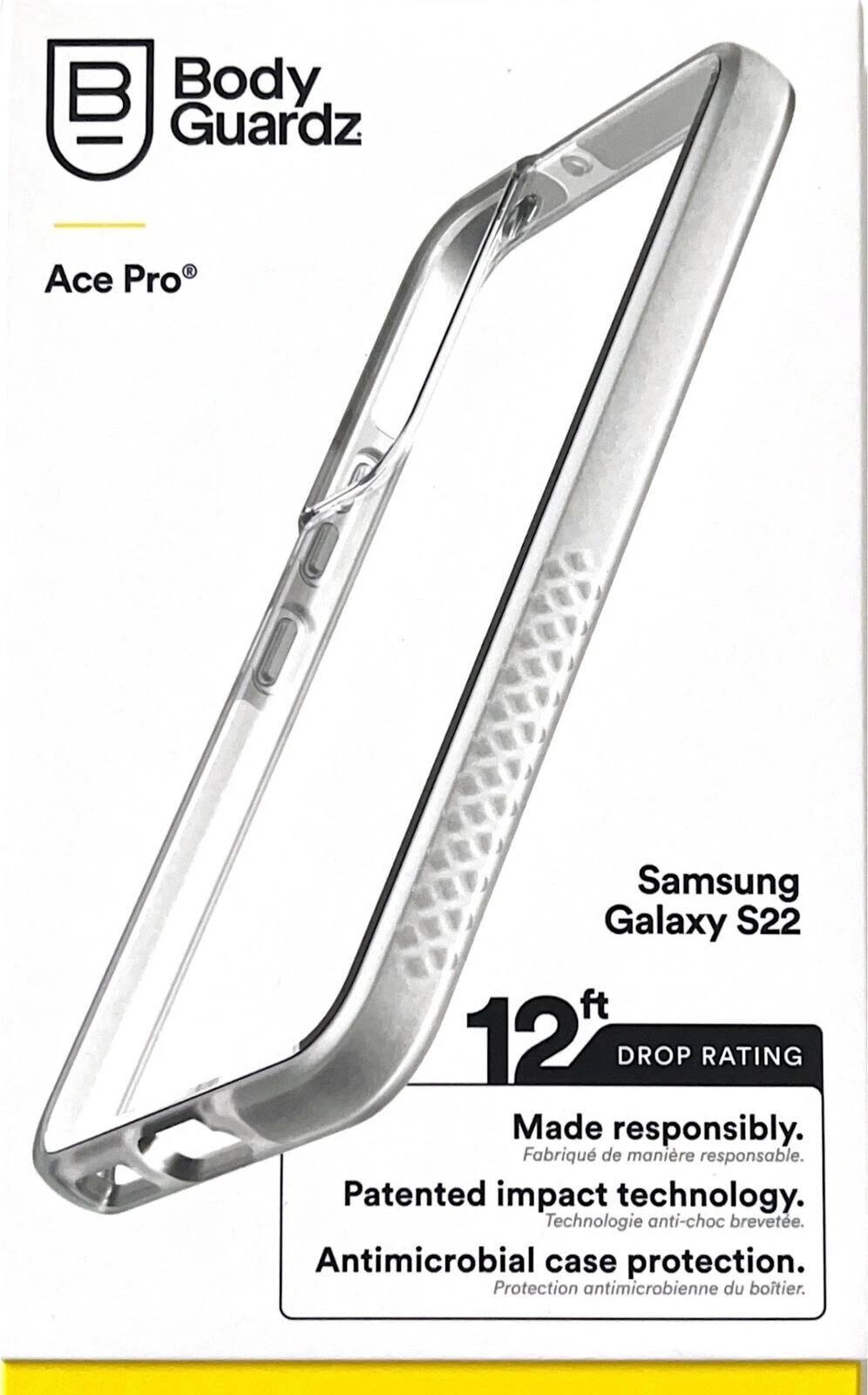 Body Guardz  
Ace Pro®  

Samsung Galaxy S22  
12 ft DROP RATING  

Made responsibly.  
Fabriqué de manière responsable.  

Patented impact technology.  
Technologie anti-choc brevetée.  

Antimicrobial case protection.  
Protection antimicrobienne du boîtier.