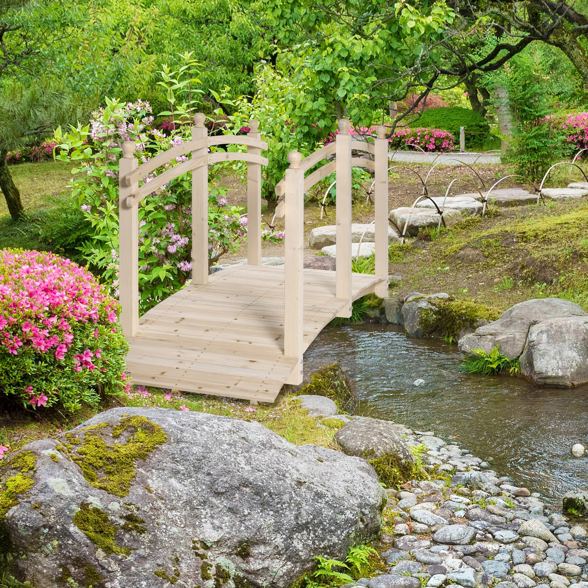 Alt View 1. Outsunny - 7.5' Wooden Arch Garden Bridge, Safety Rails for Backyard Ponds, Creeks, Streams - Natural Wood.