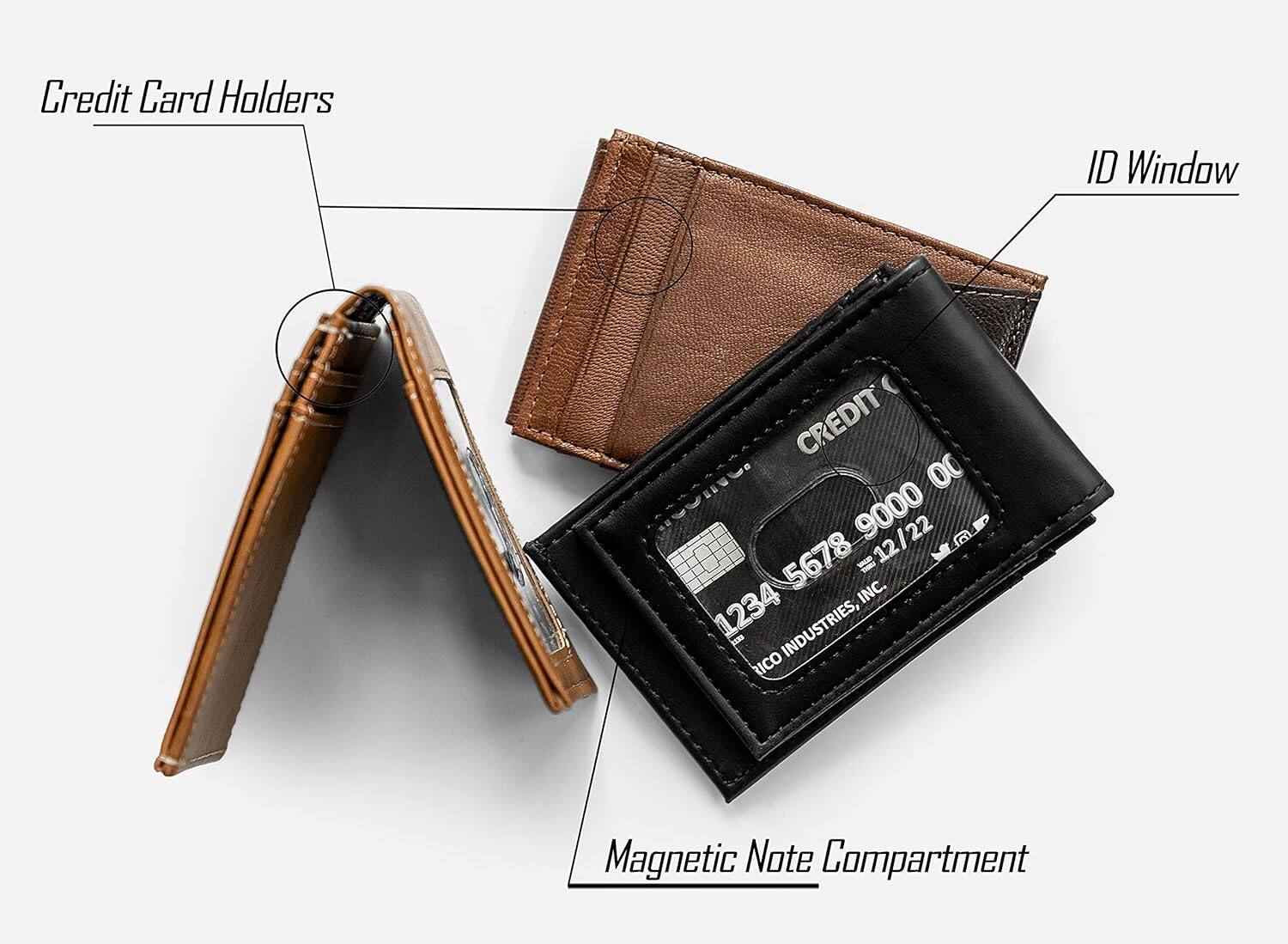 Credit Card Holders  
ID Window  
Magnetic Note Compartment  

CREDIT  
00 9000 12/22  
D 5678  
I 12  
INC.  
1234 INDUSTRIES, RICO