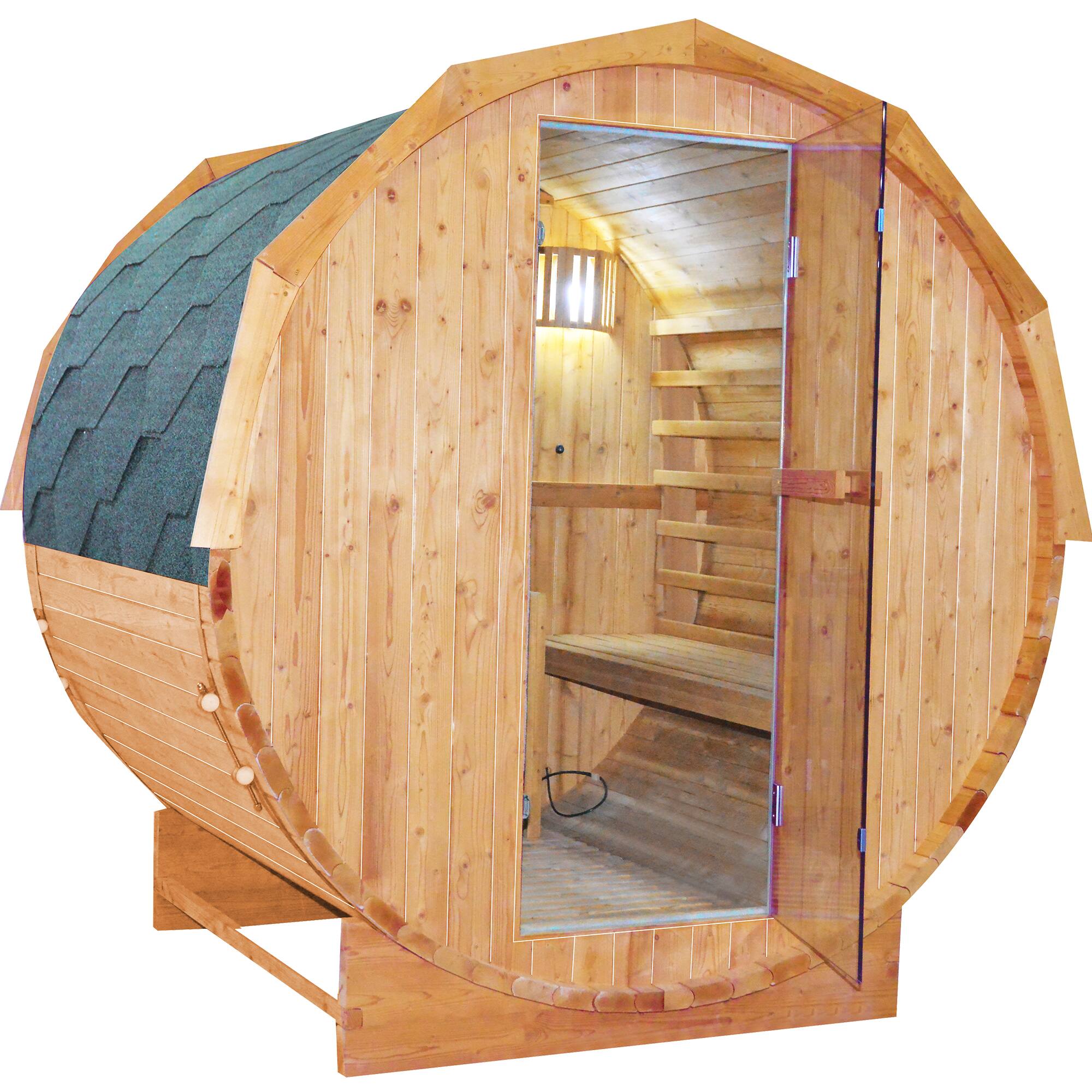 Front. Mondawe - 4.5KW Carbonized Spruce High-Heat Sauna - Ameican White Oak.