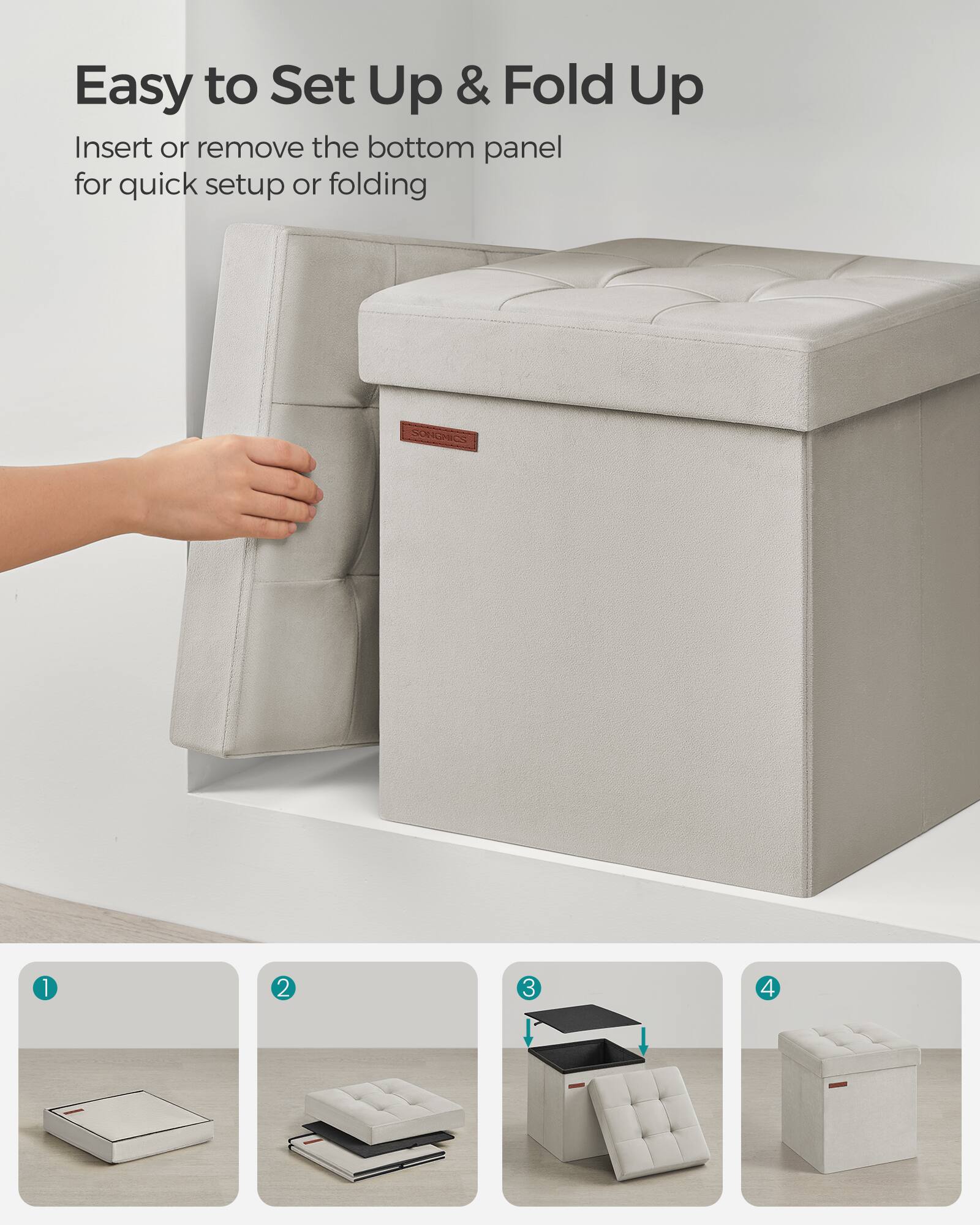 Easy to Set Up & Fold Up

Insert or remove the bottom panel for quick setup or folding

1. 
2. 
3. 
4.