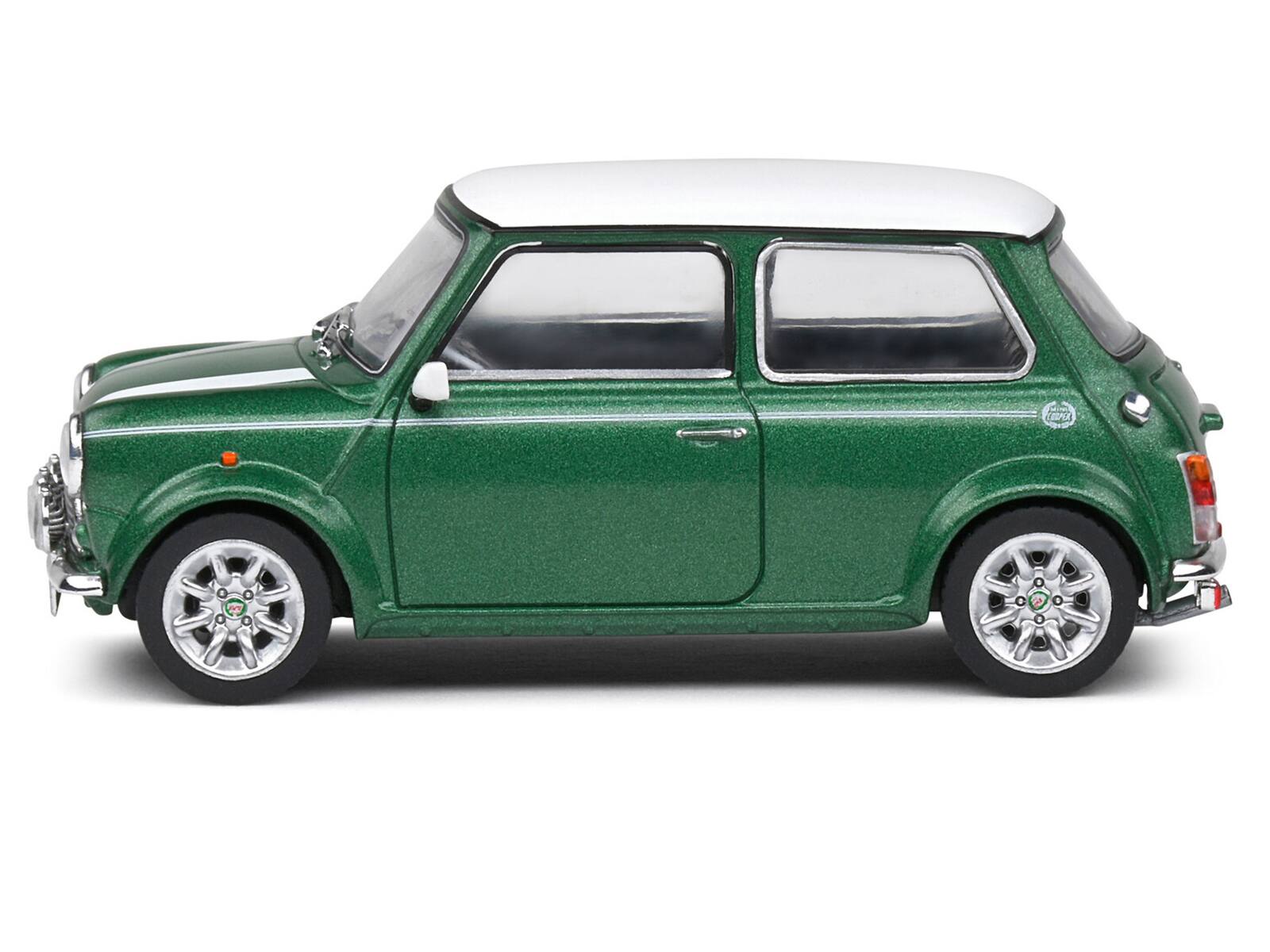 Angle. Solido - 1994 Mini Cooper Sport British Racing Green with White Top and Stripes 1/43 Diecast Model Car by Solido - Green with White.