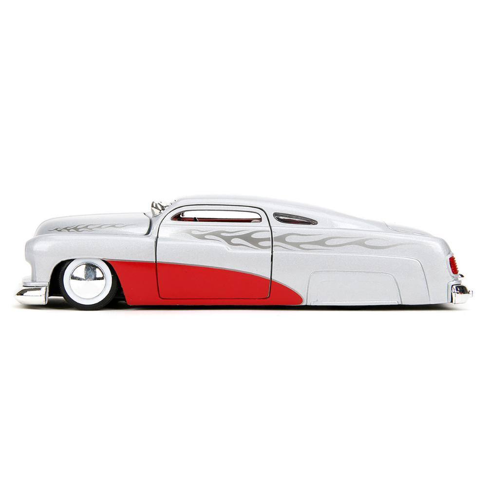 Back. Jada - 1951 Mercury Silver Metallic and Red with Flame Graphics and Red Interior "Bigtime Muscle" Series 1/24 - Silver Metallic and Red.