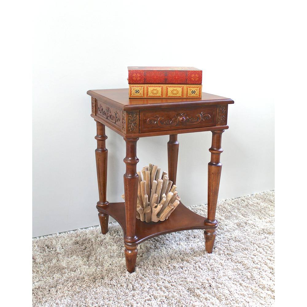 Angle. International Caravan - International Caravan Carved Wood Square Table - Brown Stain.