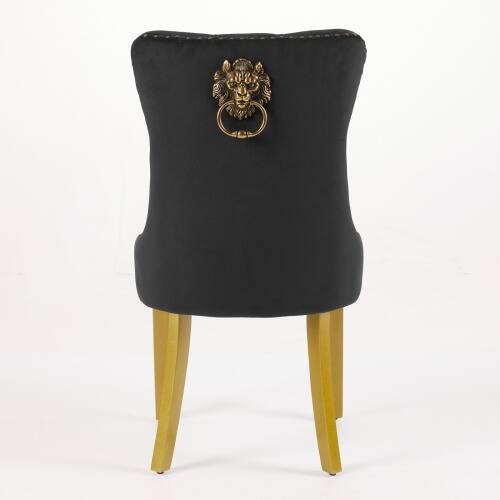 Back. LUCKY ONE - Assembled Tufted Velvet Dining Chair Set of 2 with Lion Head Pull Ring Golden Wood Legs Nailhead - Black.