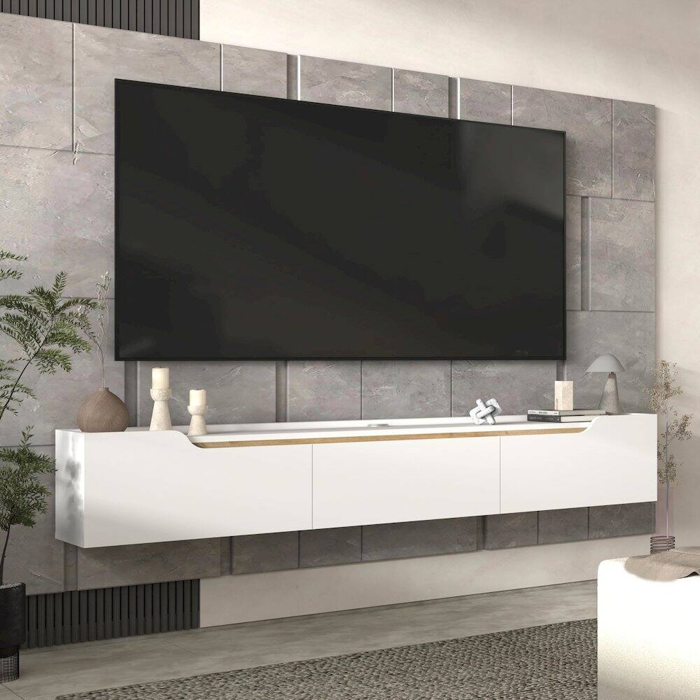 Left. Atelier Mobili - Floating TV Stand for Up to 80 Inch TVs – Wall Mounted Entertainment Center - White.