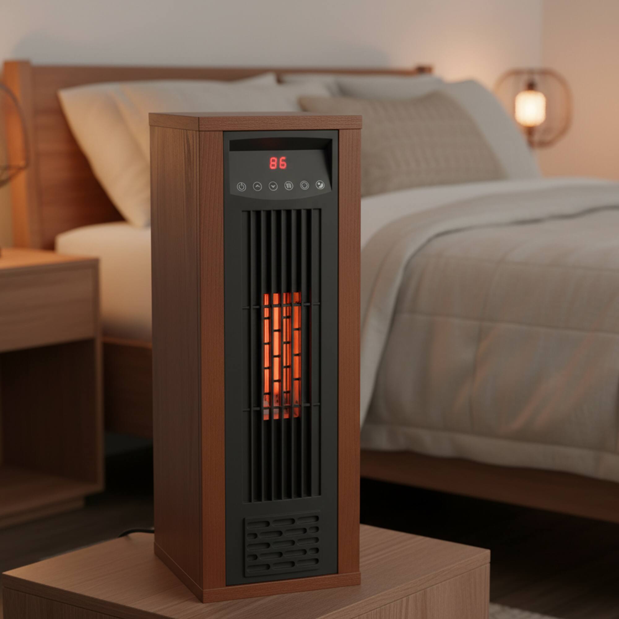 Angle. Vaczon - 1500W Portable Infrared Quartz Space Heater with Remote Control, ECO Mode, 12-Hour Timer and Child Lock for Home Use - Walnut Brown.