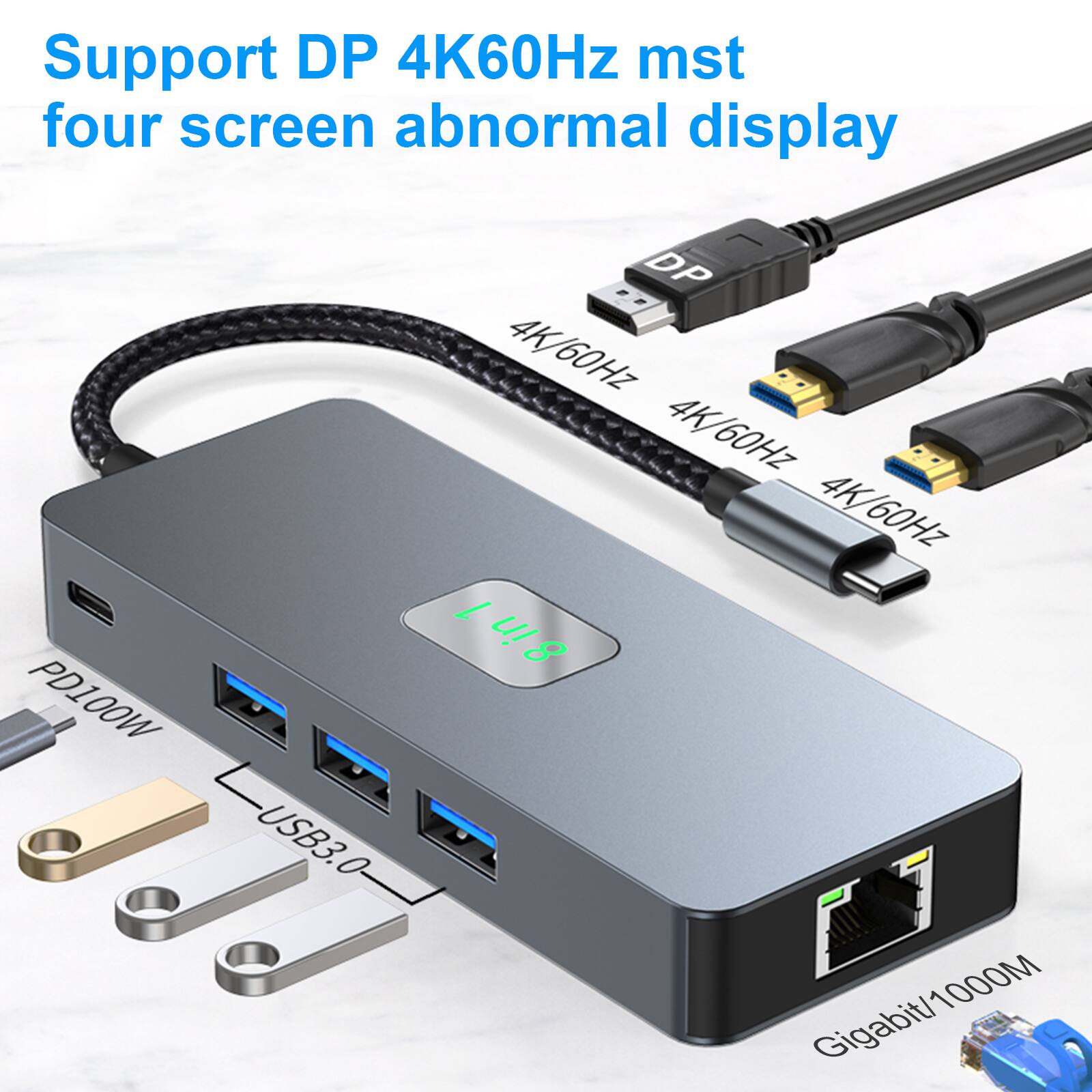 Support DP 4K60Hz mst four screen abnormal display  
PD100W  
PD1  
USB3.0  
DP 4K/60Hz  
4K 60Hz  
4K/60Hz  
4K /  
8 Gigabit/1000M  
1000M  
Gigabit/