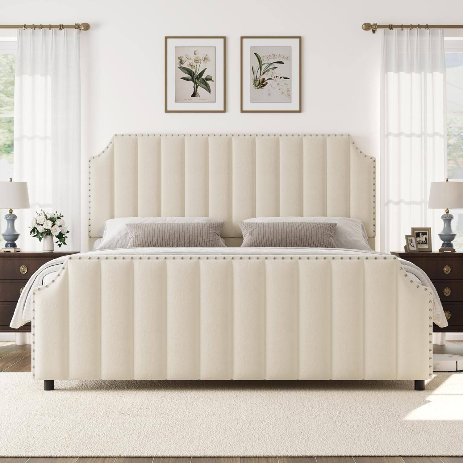 Front. GARVEE - California King Platform Bed Frame - 50.2" Tall Velvet Headboard, No Box Spring Needed, Cream - Beige.
