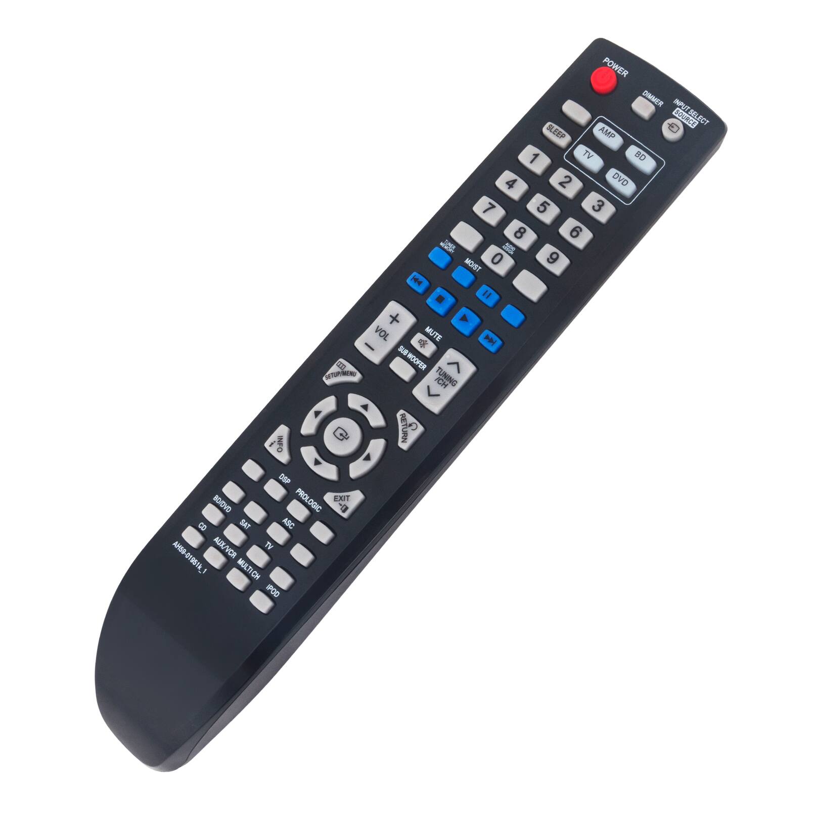 - POWER DIMMER INPUT EQUACE SLEEP AMP 1 TV BD 4 2 DVD 7 5 3 8 6 - - MOST 0 9 HH " + VOL MUTE 14  SB = WOOFER n TUNING ICH NETURN DSP PROLOGIC EXOT BO/DVD 9 D SAT ASC AUX/VCR TV AHN0-0061k_1 MULTICH IOD