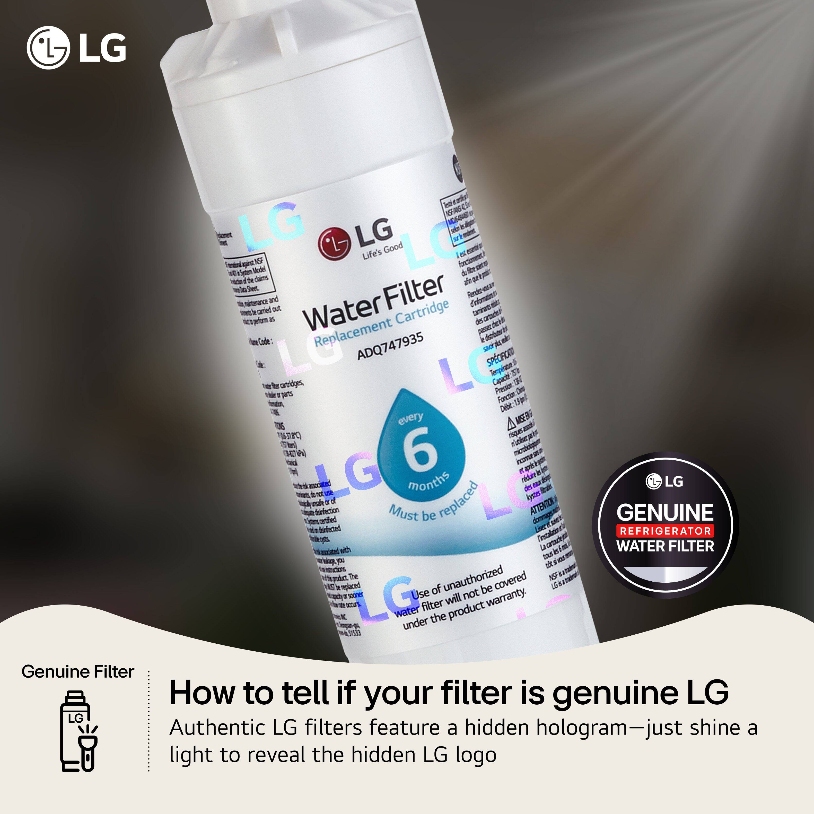 LG Good Life's Water Filter Replacement Cartridge ADQ747935

6 months

Must be replaced every 6 months

Use of unauthorized filter will not be covered under the product warranty

Genuine Filter

How to tell if your filter is genuine LG

Authentic LG filters feature a hidden hologram—just shine a light to reveal the hidden LG logo

GENUINE REFRIGERATOR WATER FILTER