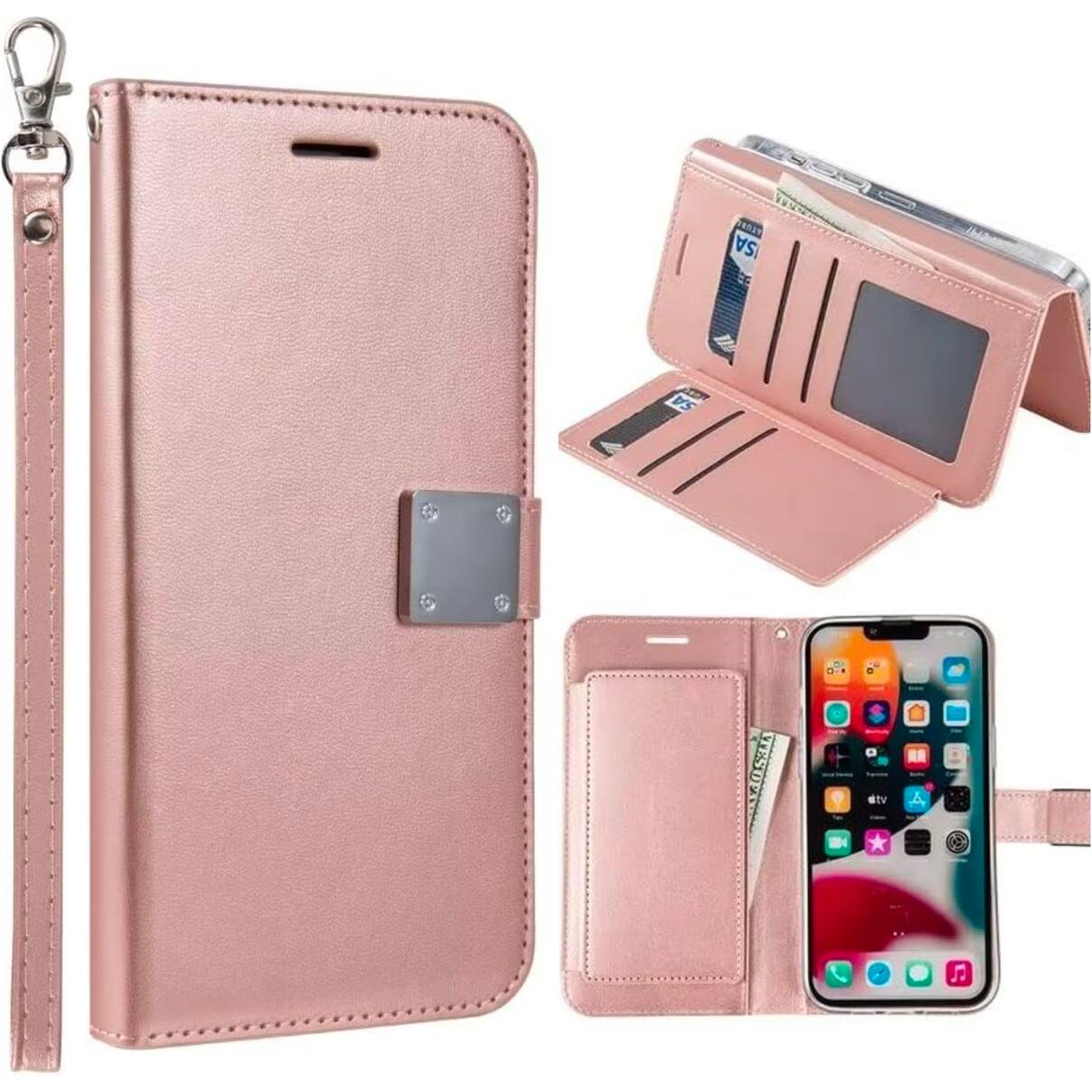 Entronix - Foldable Leather Wallet Case for Galaxy S24 Ultra - Stylish Card Holder & Lanyard - Rose