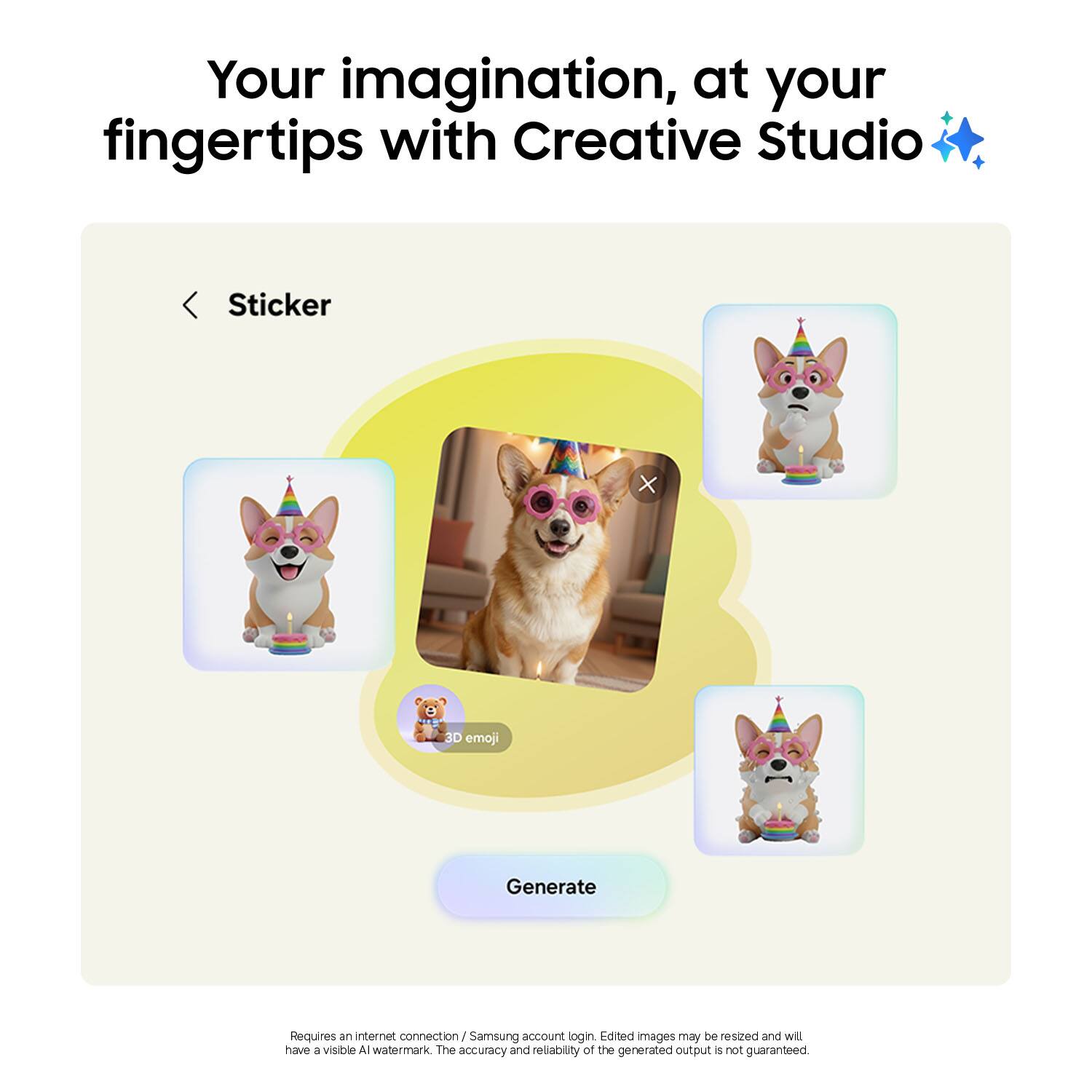 Your imagination, at your fingertips with Creative Studio

Sticker

3D emoji

Generate

Requires an internet connection / Samsung account login. Edited images may be resized and will have a visible AI watermark. The accuracy and reliability of the generated output is not guaranteed.